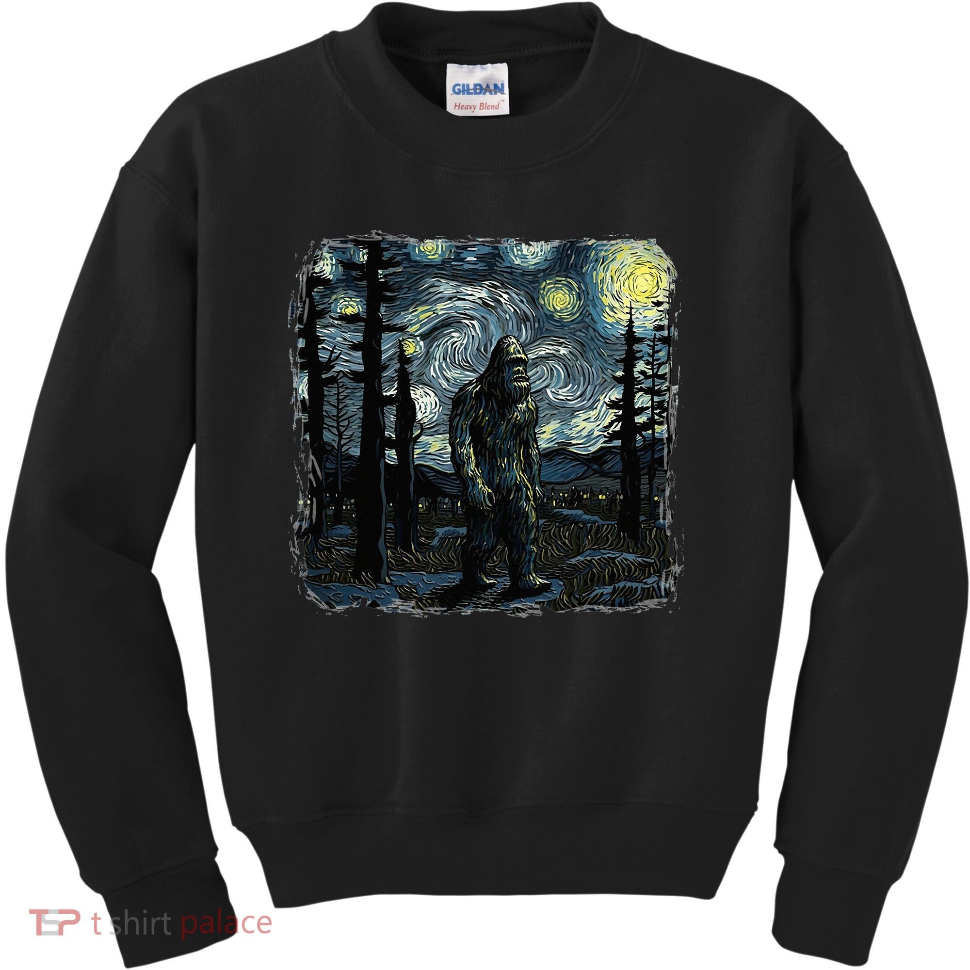 Bigfoot Starry Night Sasquatch Van Gogh Sky Painting Kids Sweatshirt
