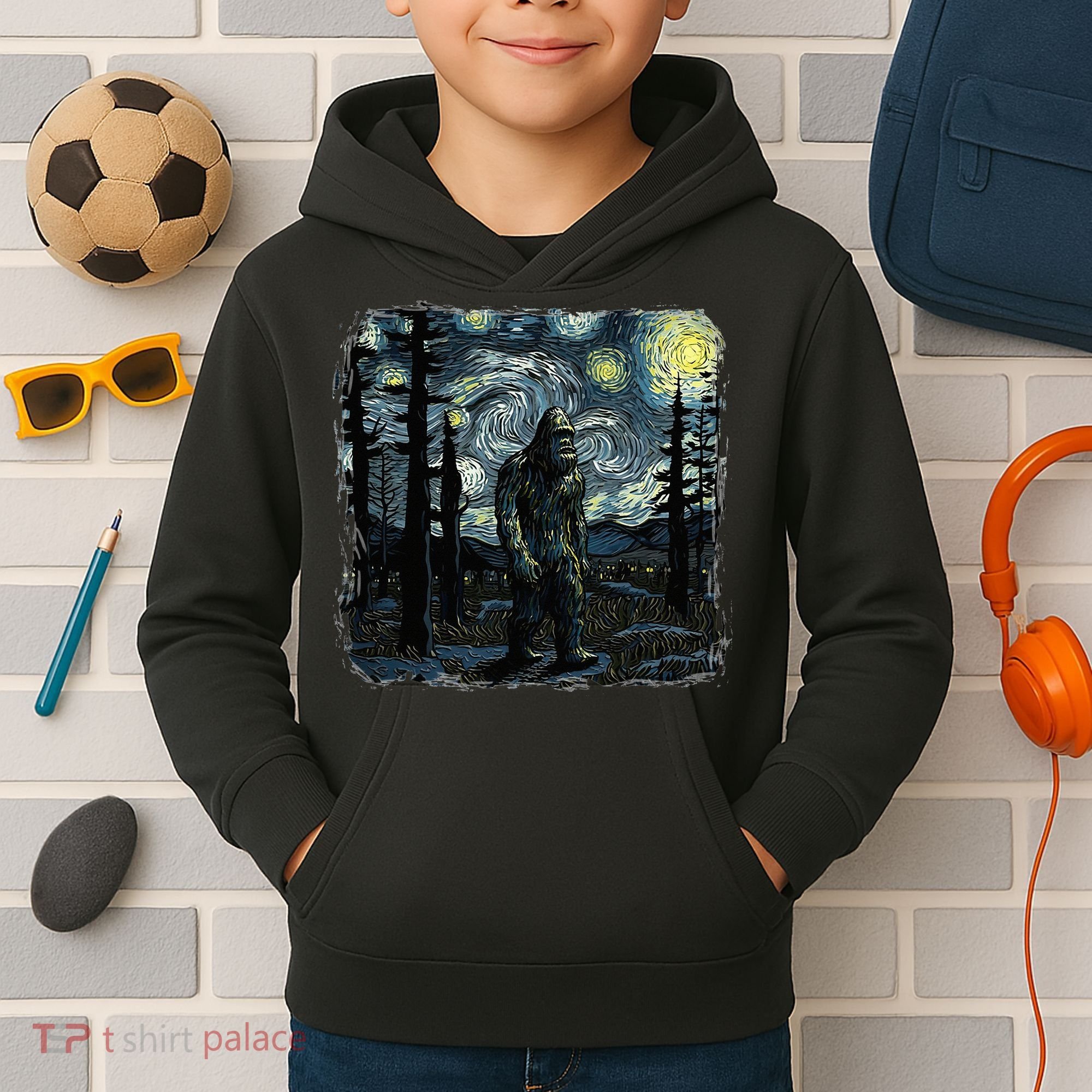 Bigfoot Starry Night Sasquatch Van Gogh Sky Painting Kids Hoodie