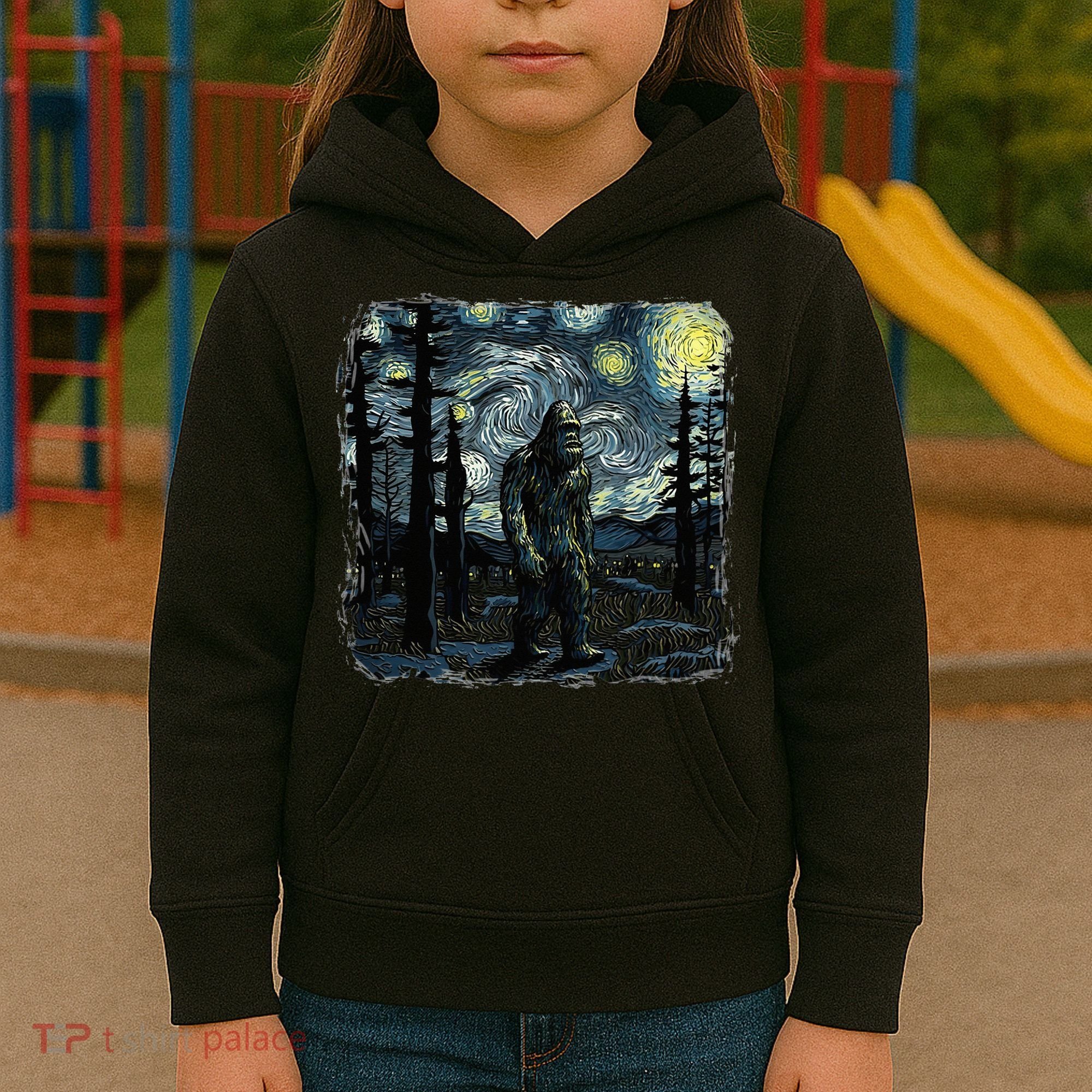 Bigfoot Starry Night Sasquatch Van Gogh Sky Painting Kids Hoodie