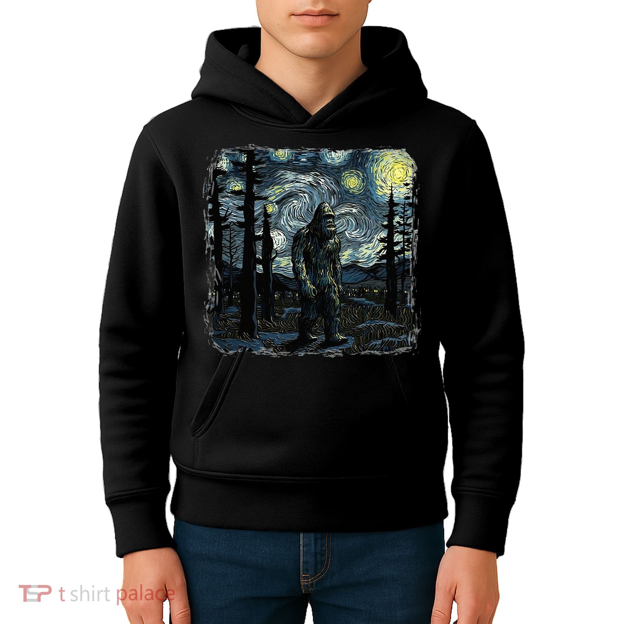 Bigfoot Starry Night Sasquatch Van Gogh Sky Painting Kids Hoodie