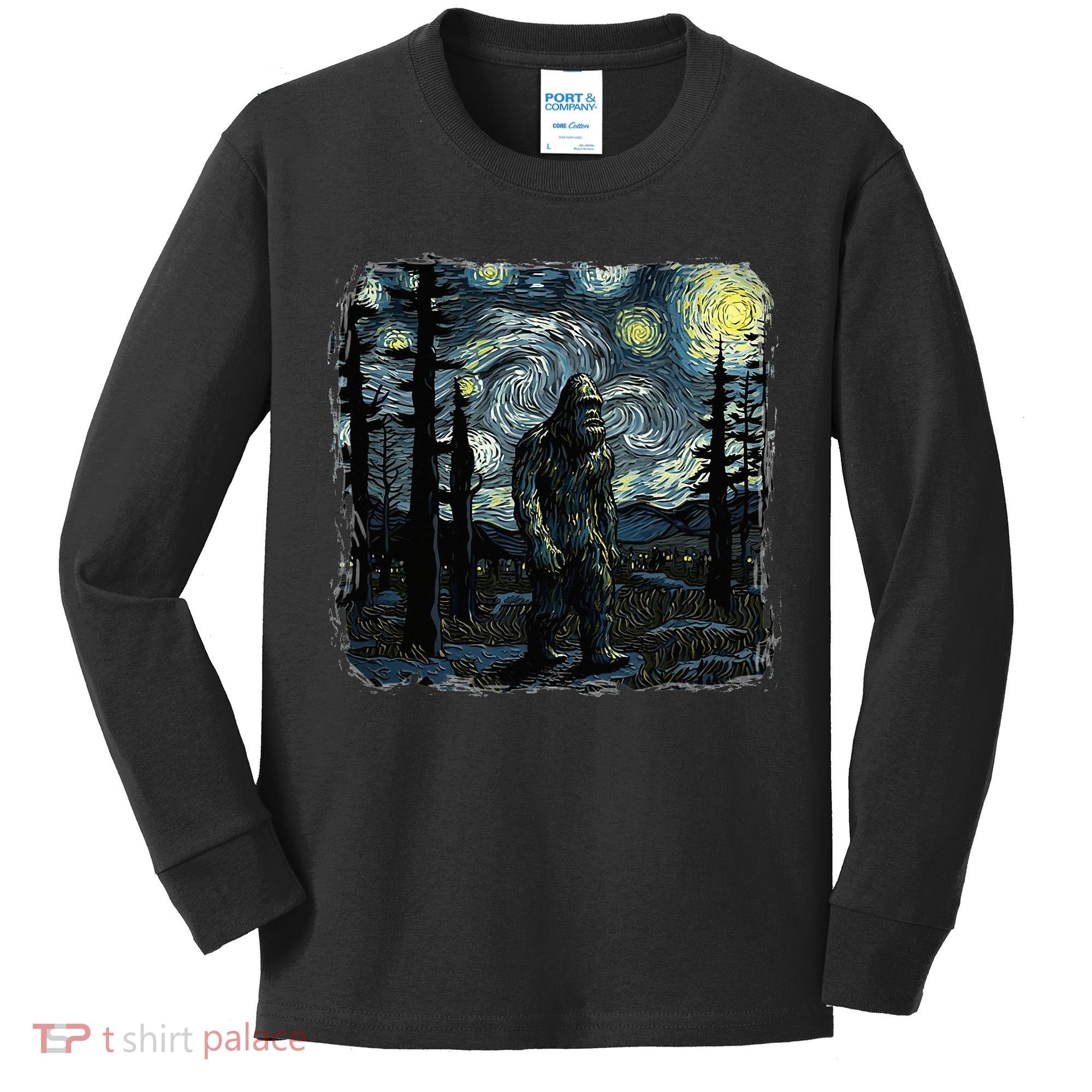 Bigfoot Starry Night Sasquatch Van Gogh Sky Painting Kids Long Sleeve Shirt