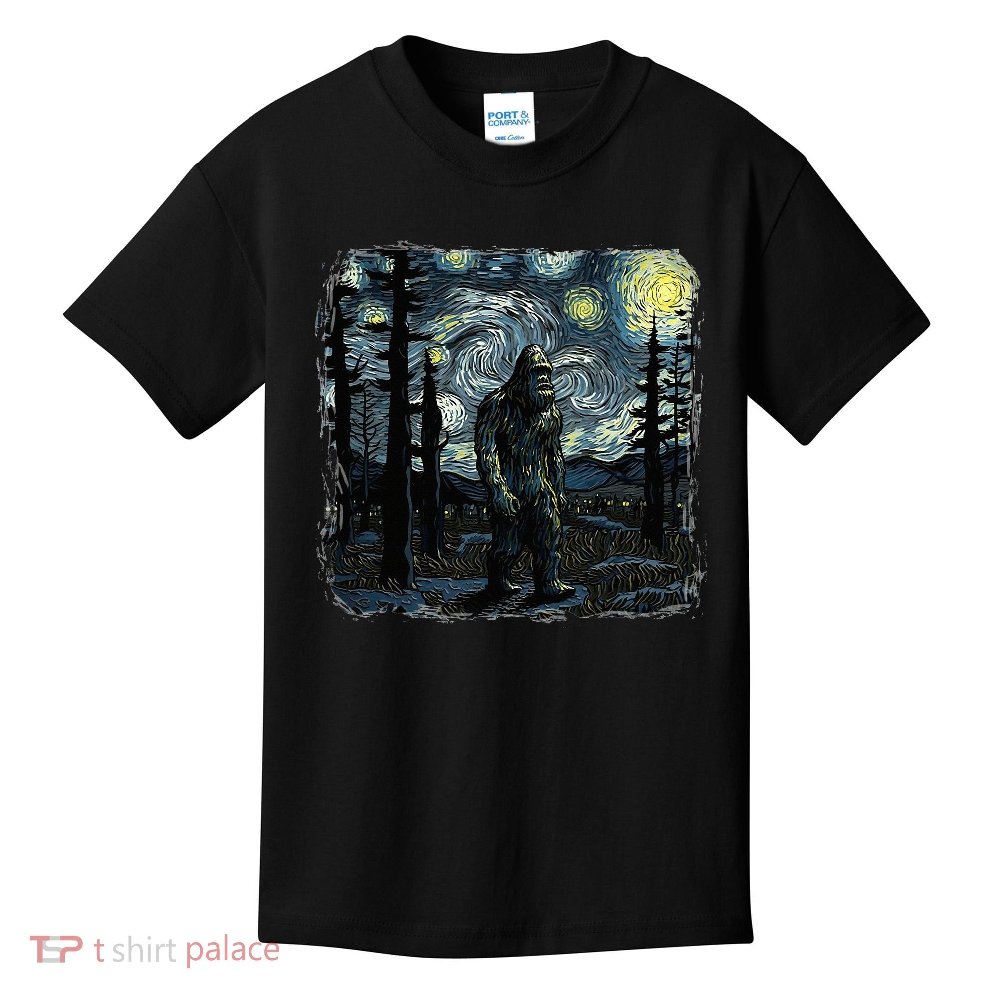 Bigfoot Starry Night Sasquatch Van Gogh Sky Painting Kids T-Shirt