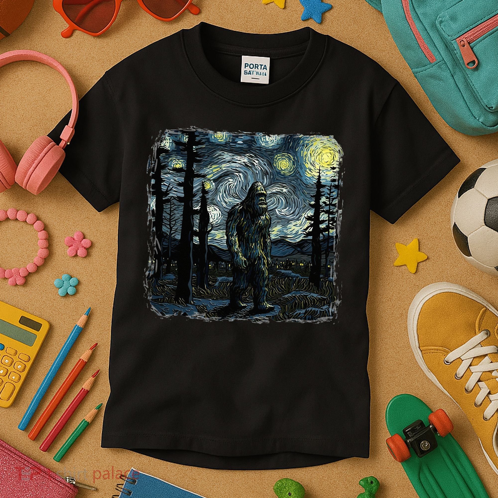 Bigfoot Starry Night Sasquatch Van Gogh Sky Painting Kids T-Shirt