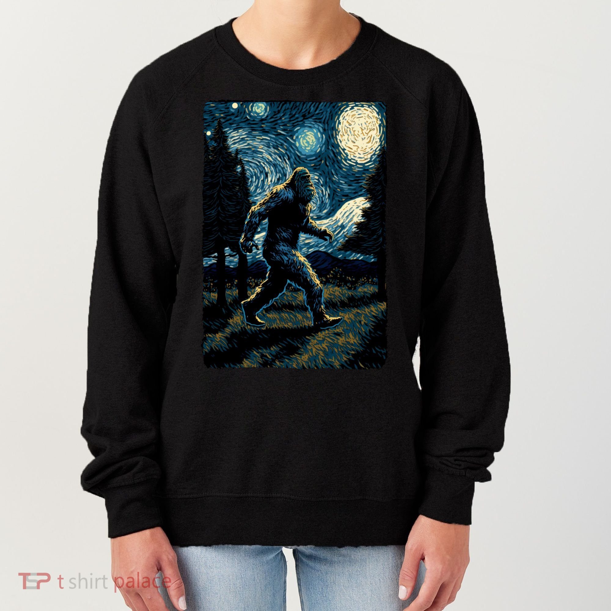 Bigfoot Starry Night Sasquatch Van Gogh Sky Painting Art Women's Sweatshirt
