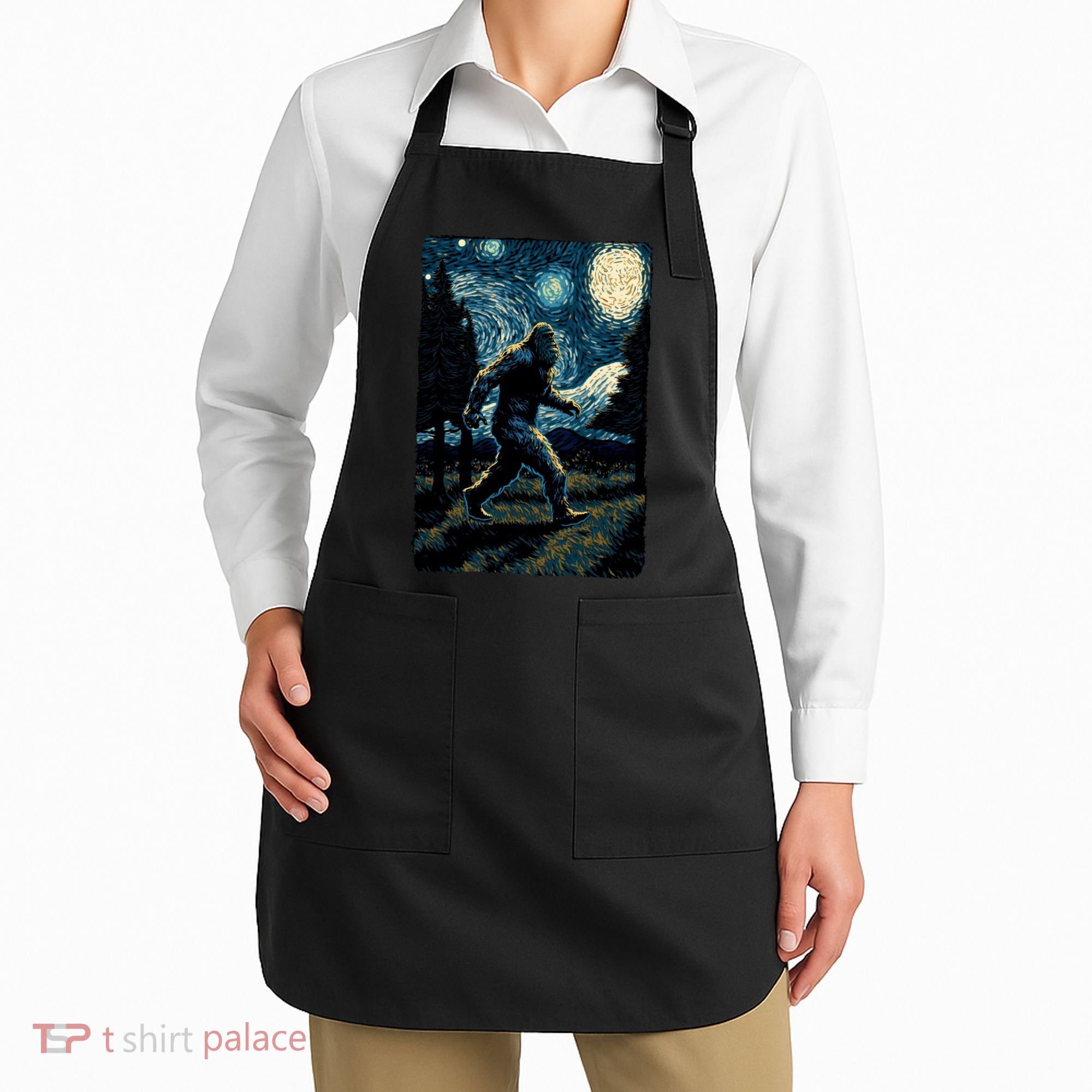 Bigfoot Starry Night Sasquatch Van Gogh Sky Painting Art Apron
