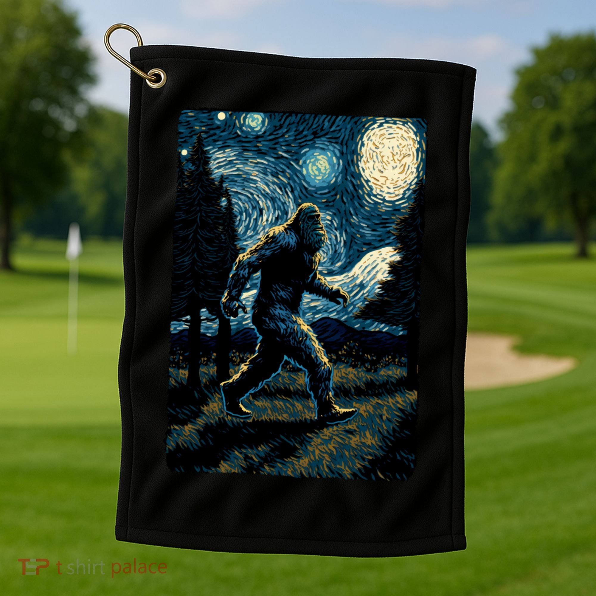 Bigfoot Starry Night Sasquatch Van Gogh Sky Painting Art Golf Towel