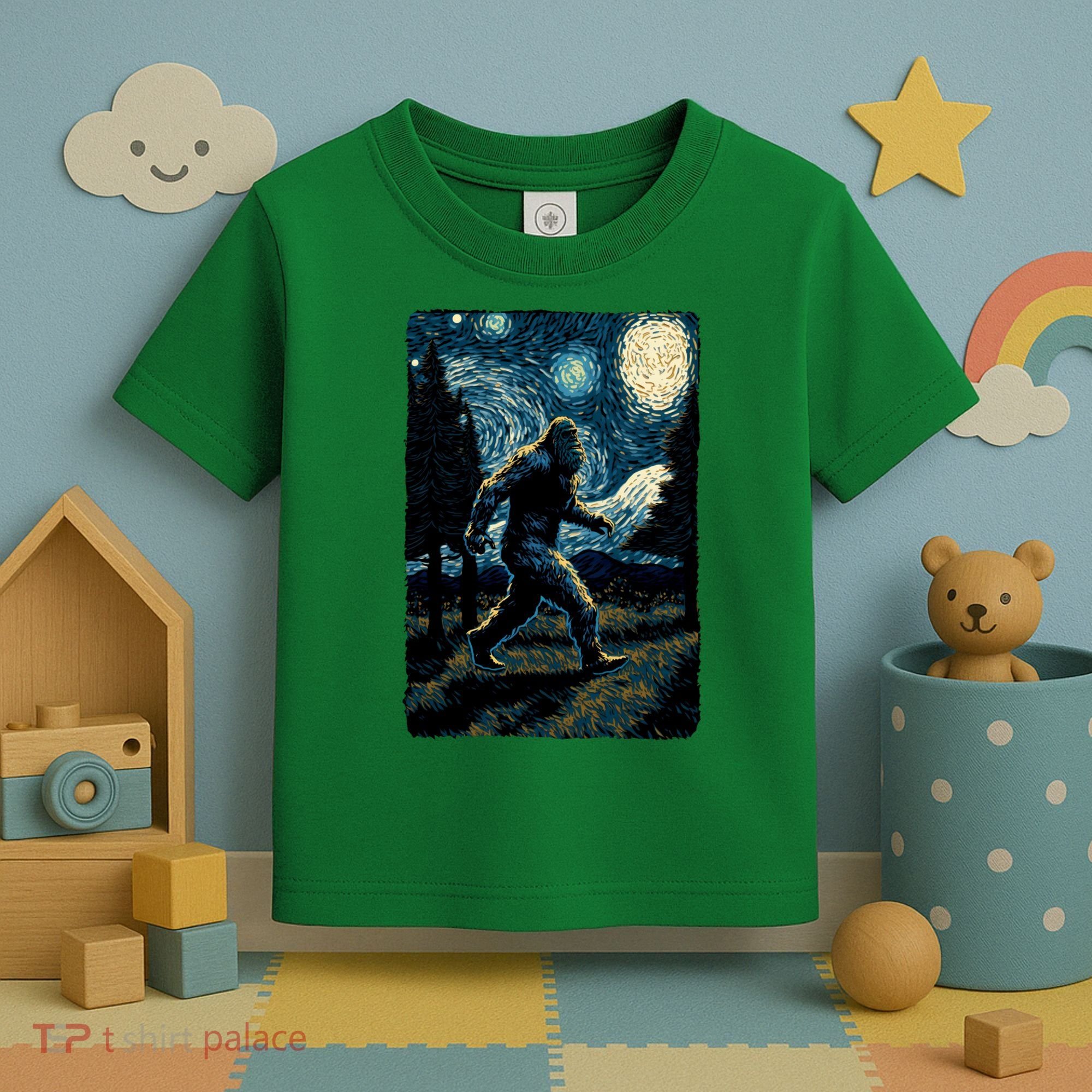 Bigfoot Starry Night Sasquatch Van Gogh Sky Painting Art Toddler T-Shirt