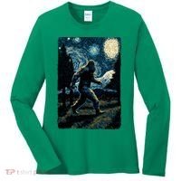 Bigfoot Starry Night Sasquatch Van Gogh Sky Painting Art Women's Long Sleeve Shirt thumb 0