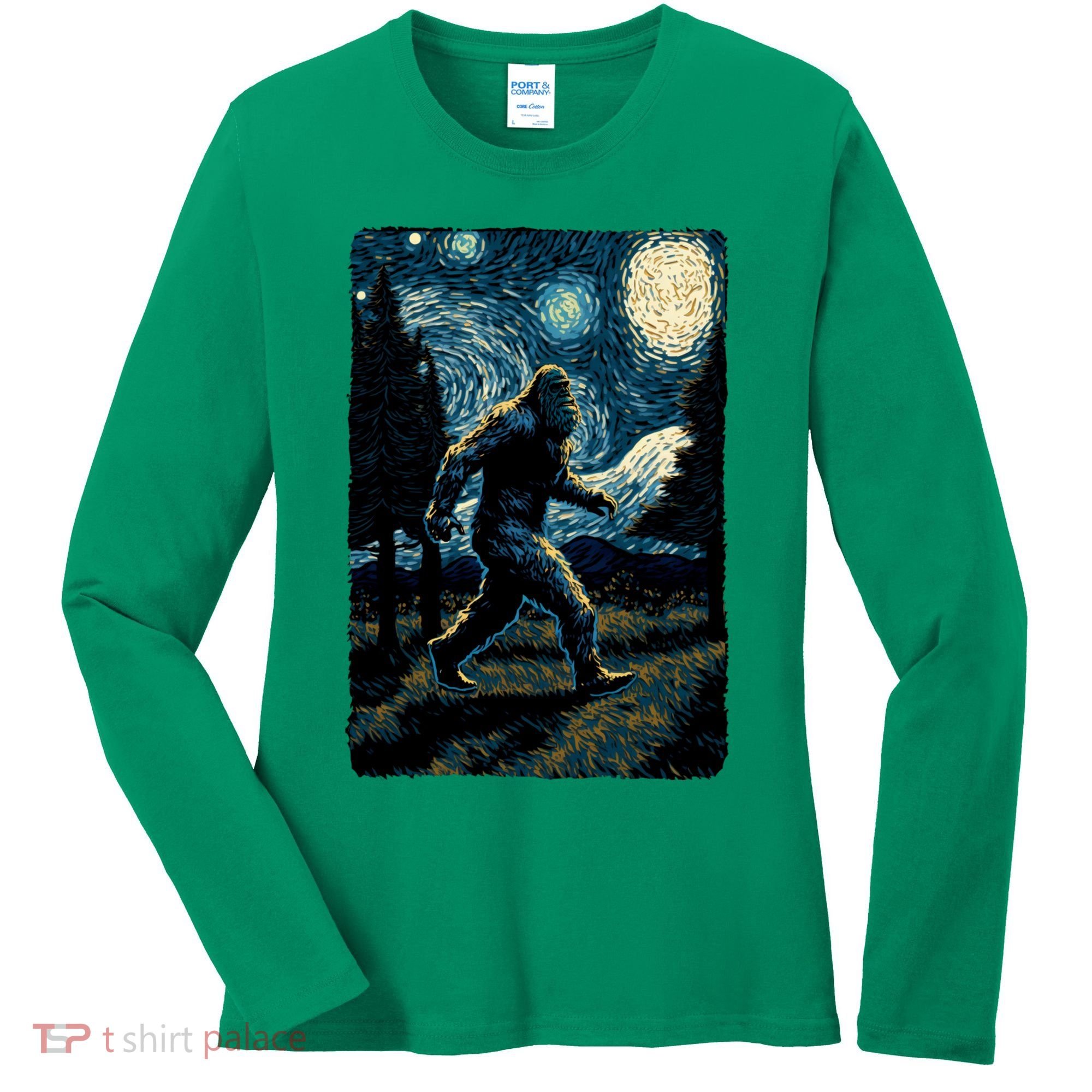 Bigfoot Starry Night Sasquatch Van Gogh Sky Painting Art Women's Long Sleeve Shirt