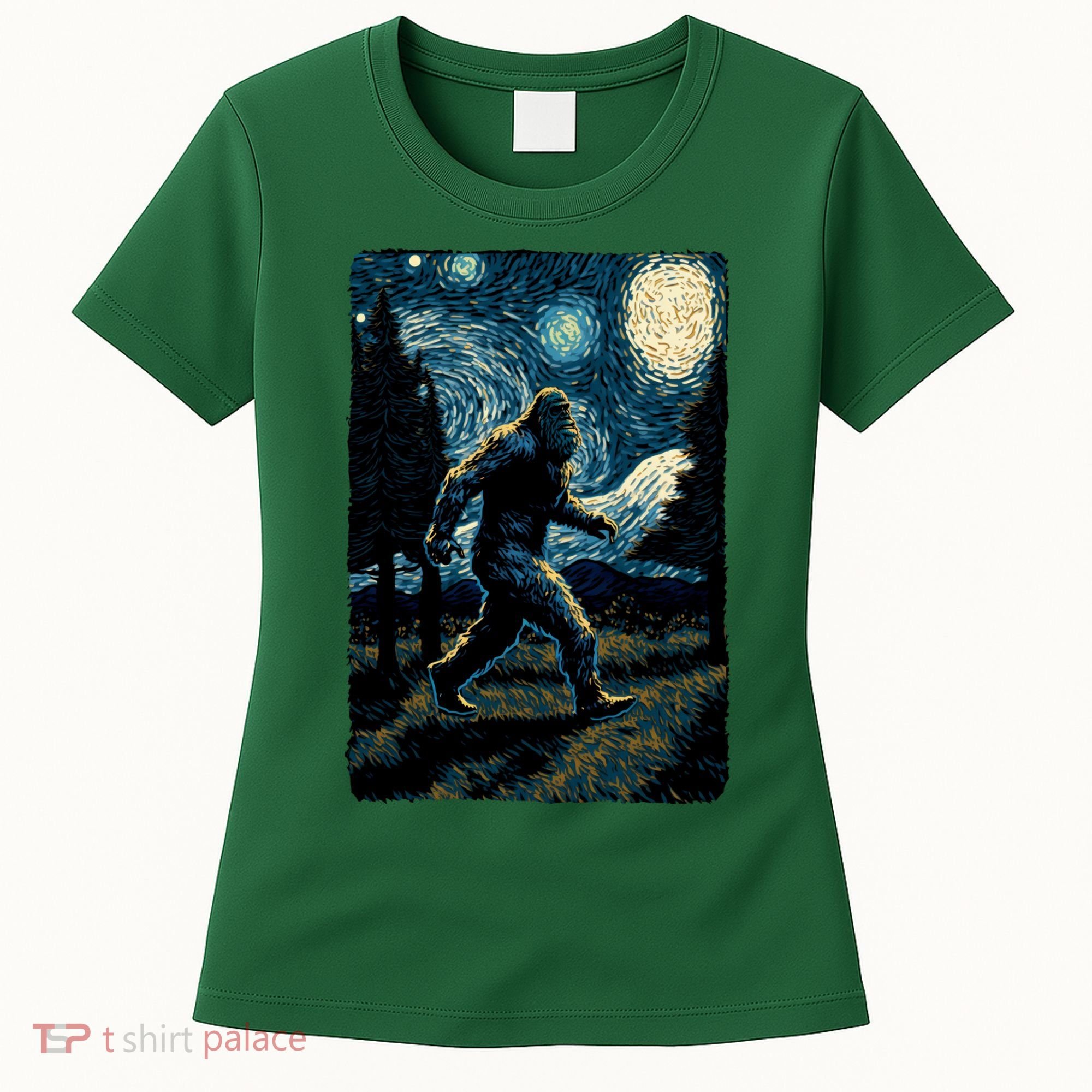 Bigfoot Starry Night Sasquatch Van Gogh Sky Painting Art Women's T-Shirt
