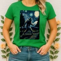 Bigfoot Starry Night Sasquatch Van Gogh Sky Painting Art Women's T-Shirt thumb 2