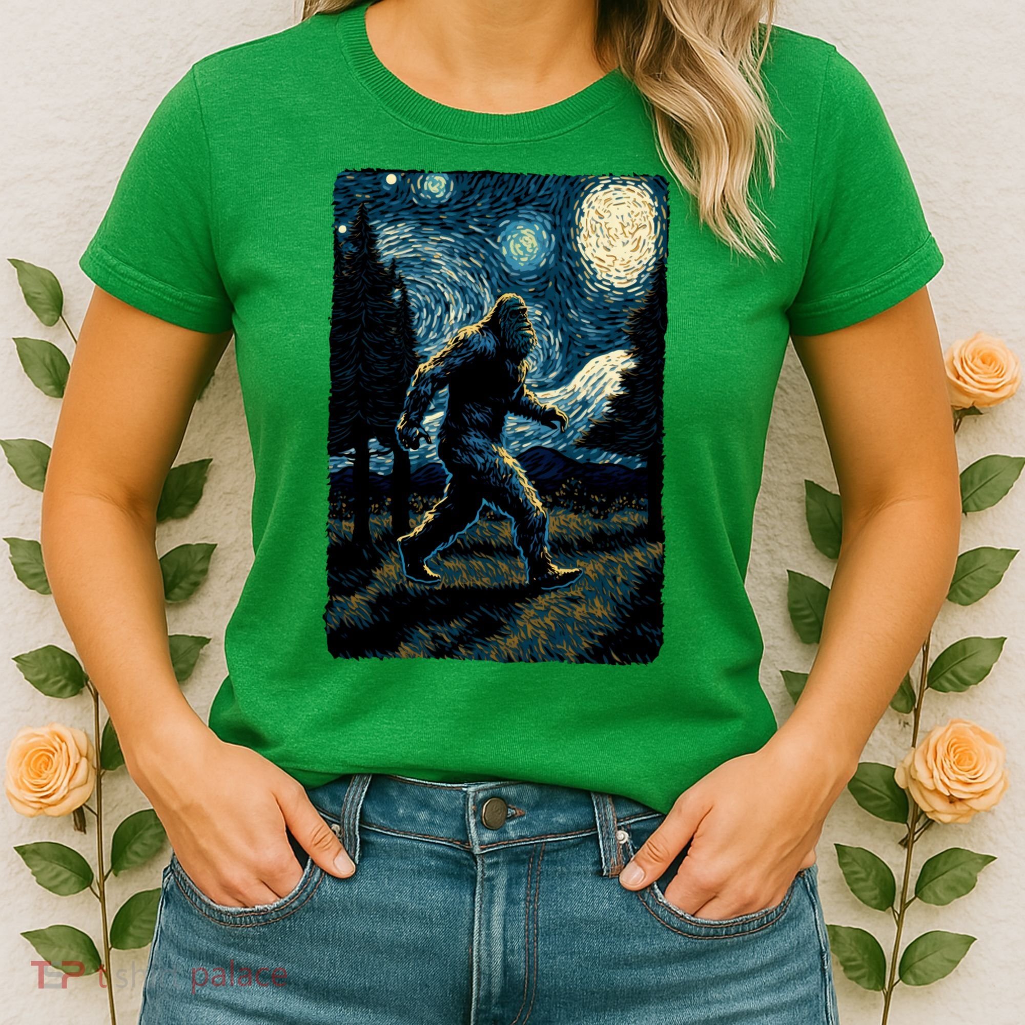 Bigfoot Starry Night Sasquatch Van Gogh Sky Painting Art Women's T-Shirt