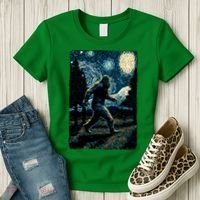 Bigfoot Starry Night Sasquatch Van Gogh Sky Painting Art Women's T-Shirt thumb 3
