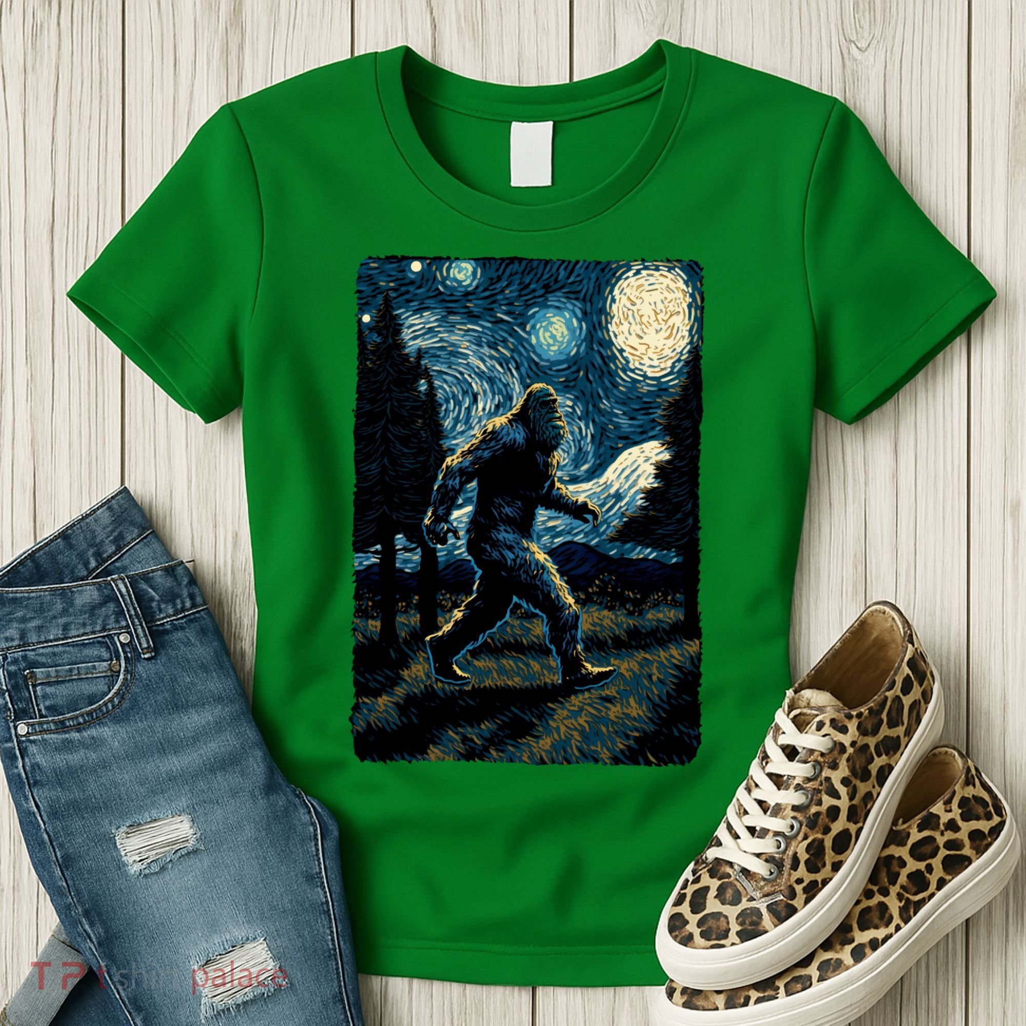 Bigfoot Starry Night Sasquatch Van Gogh Sky Painting Art Women's T-Shirt