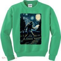 Bigfoot Starry Night Sasquatch Van Gogh Sky Painting Art Kids Sweatshirt thumb 0