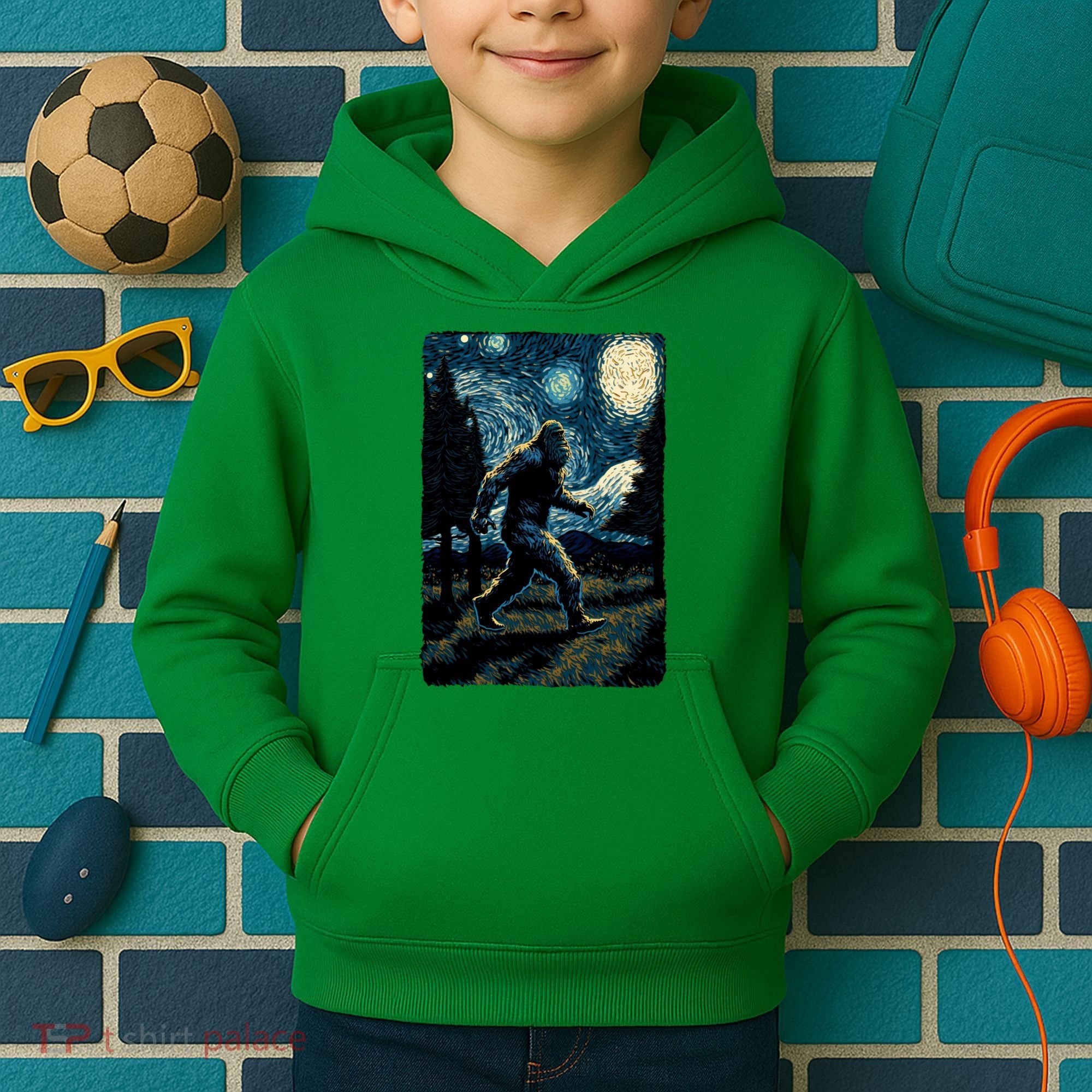 Bigfoot Starry Night Sasquatch Van Gogh Sky Painting Art Kids Hoodie