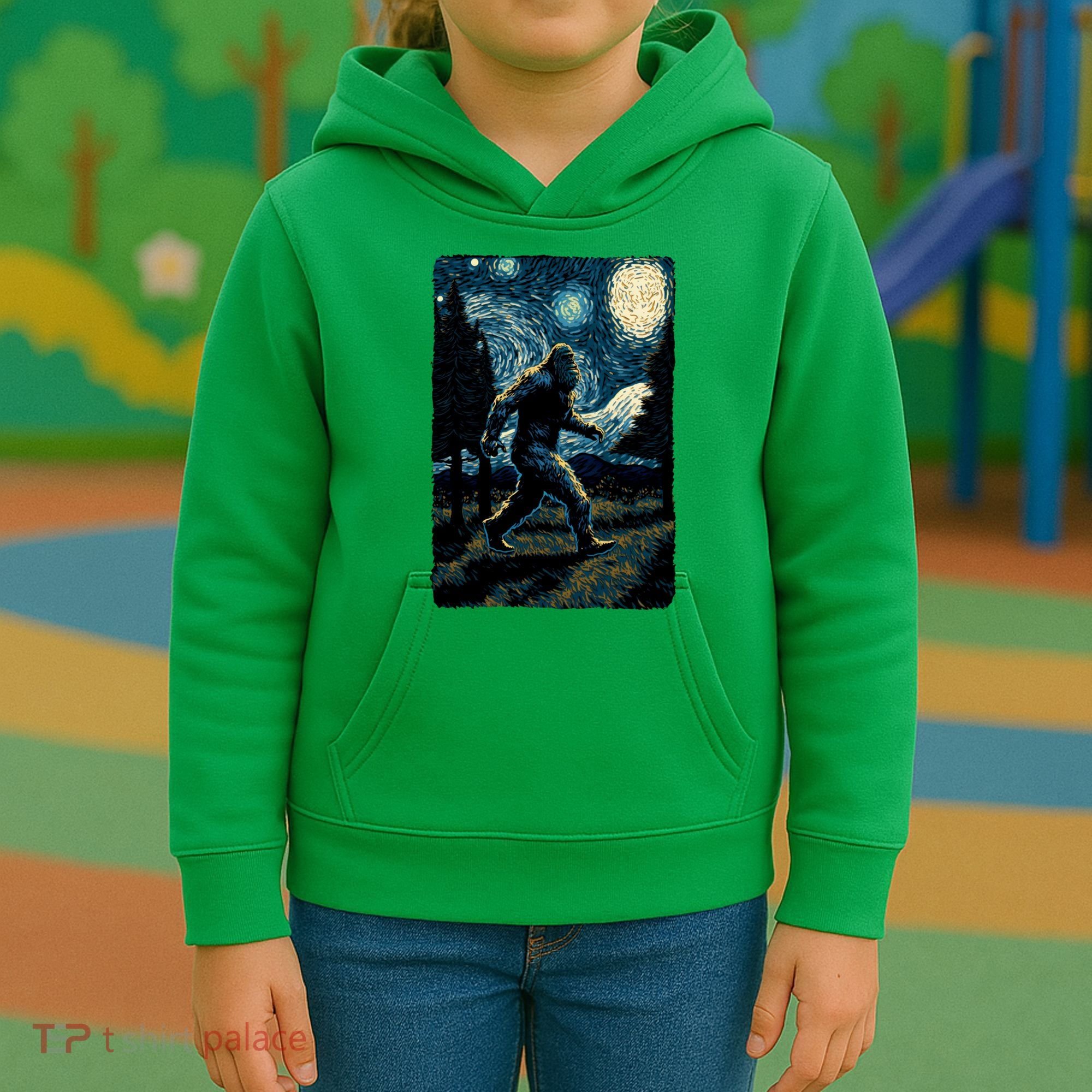 Bigfoot Starry Night Sasquatch Van Gogh Sky Painting Art Kids Hoodie