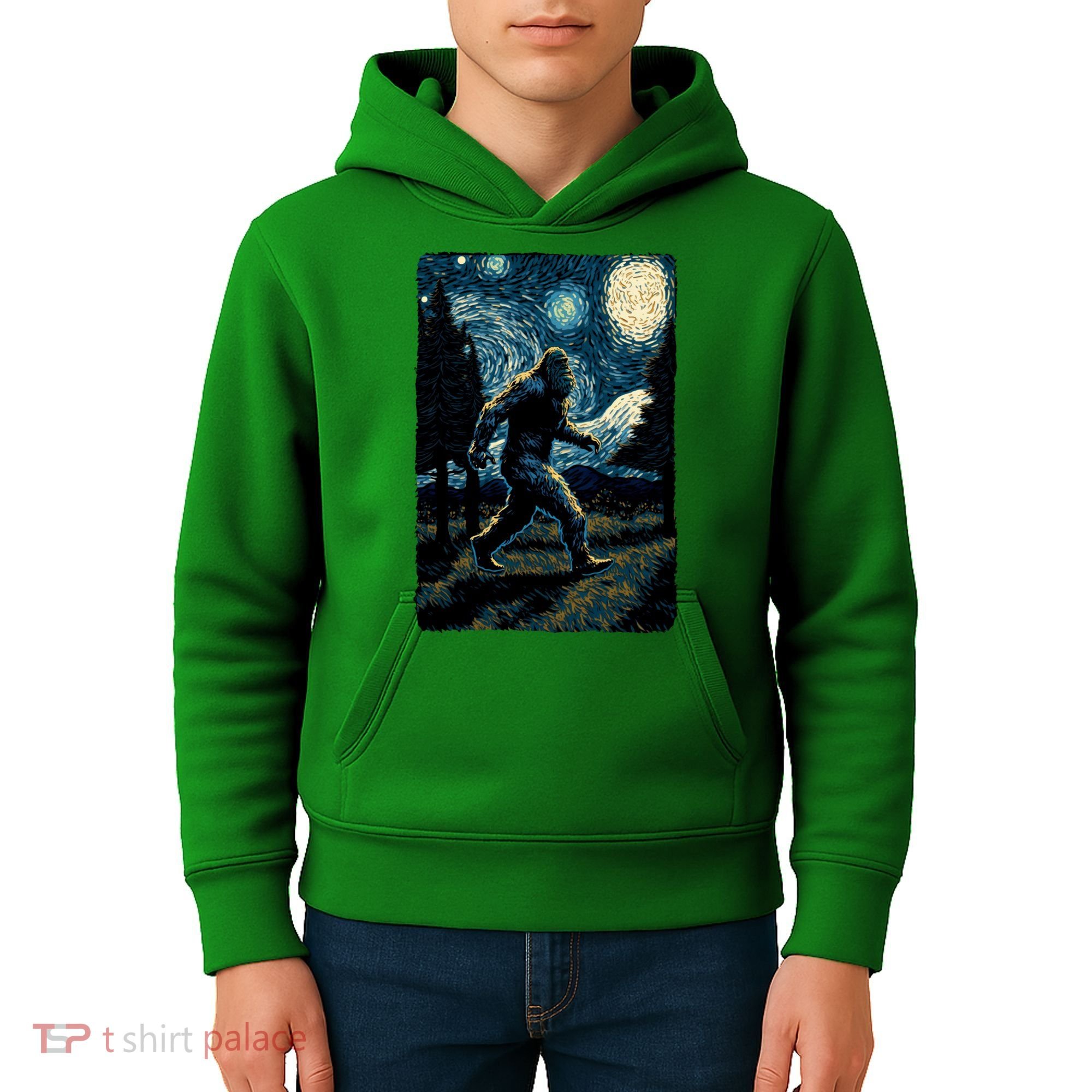 Bigfoot Starry Night Sasquatch Van Gogh Sky Painting Art Kids Hoodie