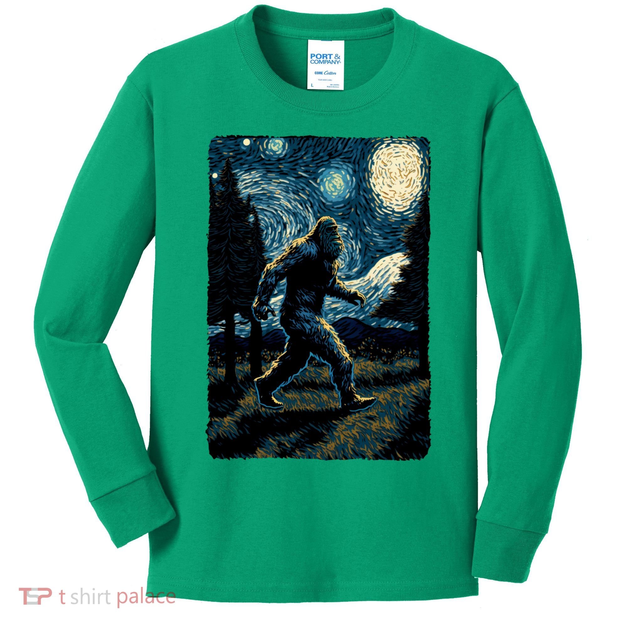 Bigfoot Starry Night Sasquatch Van Gogh Sky Painting Art Kids Long Sleeve Shirt