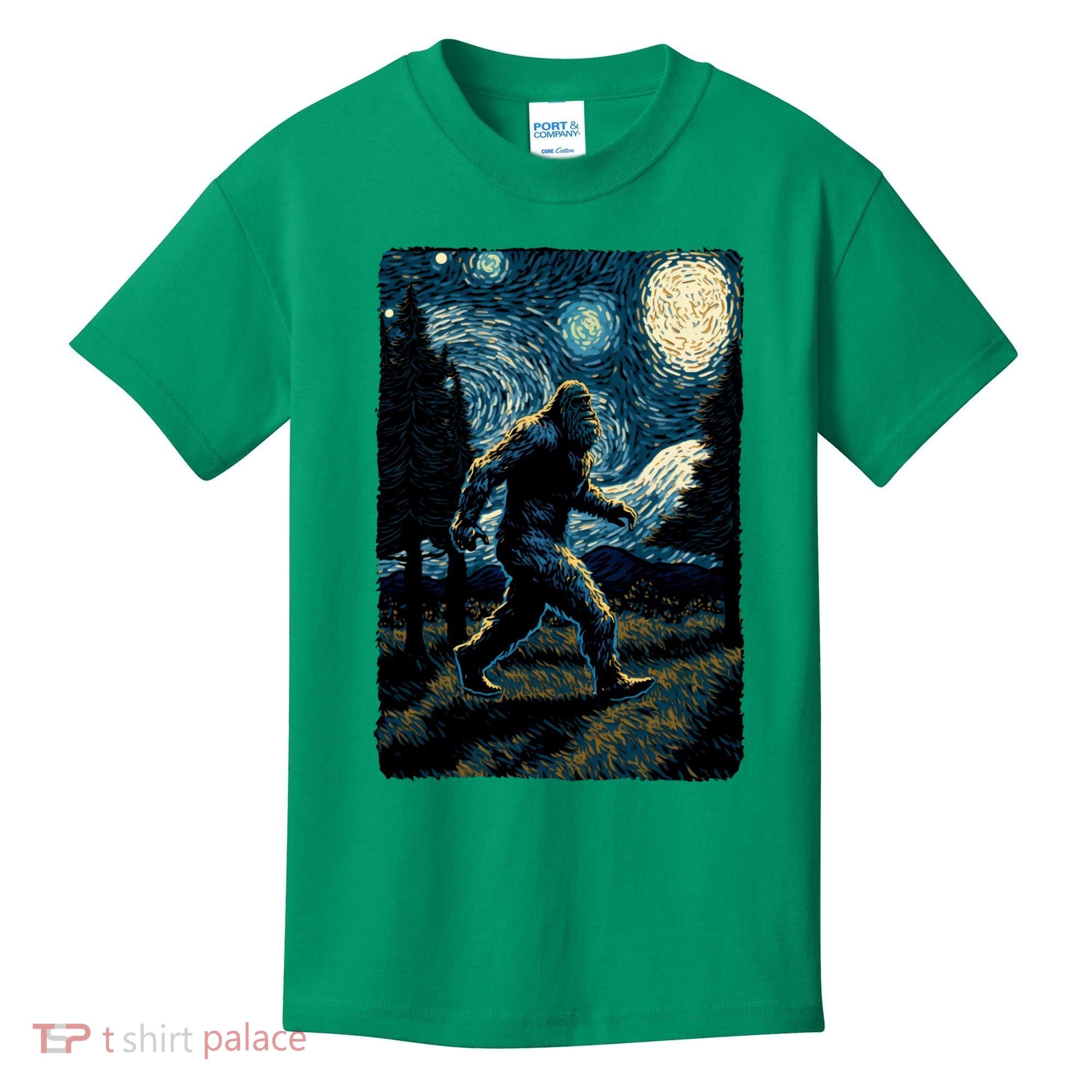Bigfoot Starry Night Sasquatch Van Gogh Sky Painting Art Kids T-Shirt