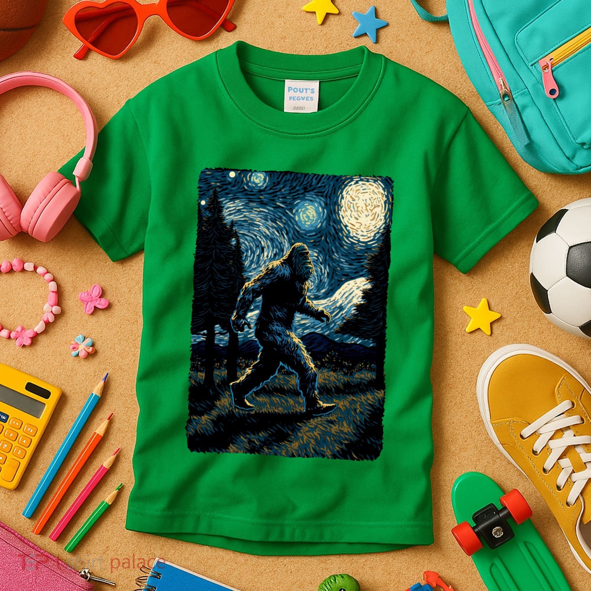Bigfoot Starry Night Sasquatch Van Gogh Sky Painting Art Kids T-Shirt