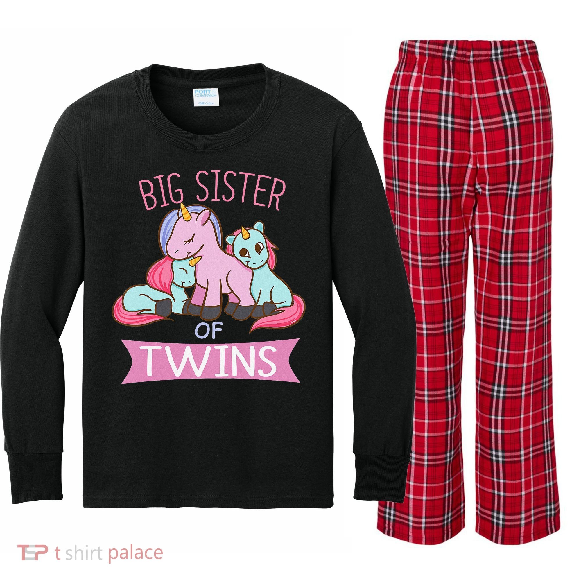 Big Sister of Twins Unicorn Twin Kids Long Sleeve Plaid Pajama Set