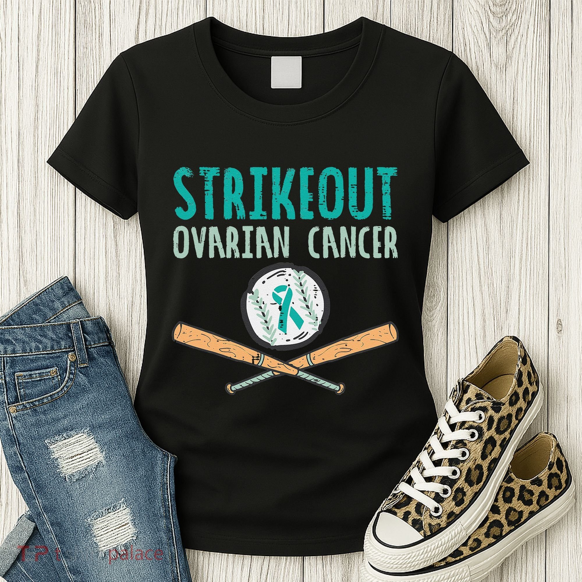 Baseball Strikeout Ovarian Cancer Teal Awareness Women's T-Shirt