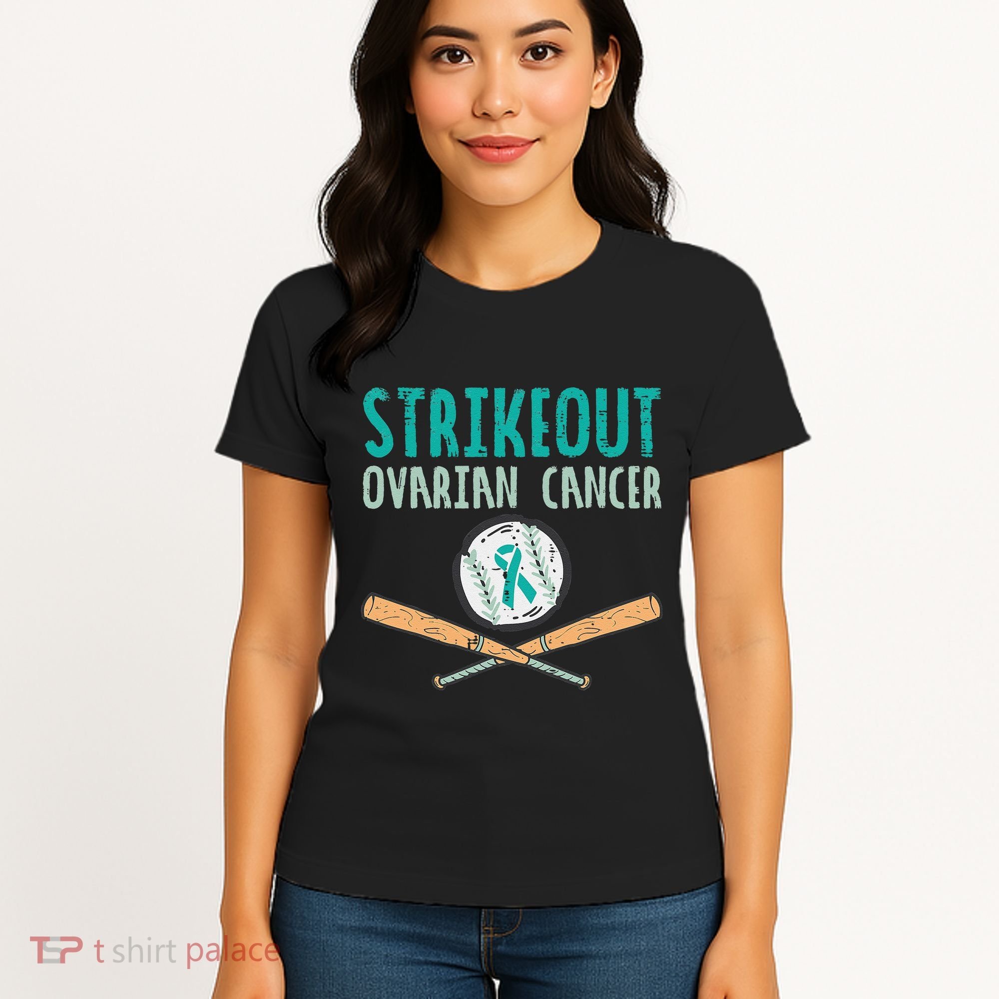 Baseball Strikeout Ovarian Cancer Teal Awareness Women's T-Shirt