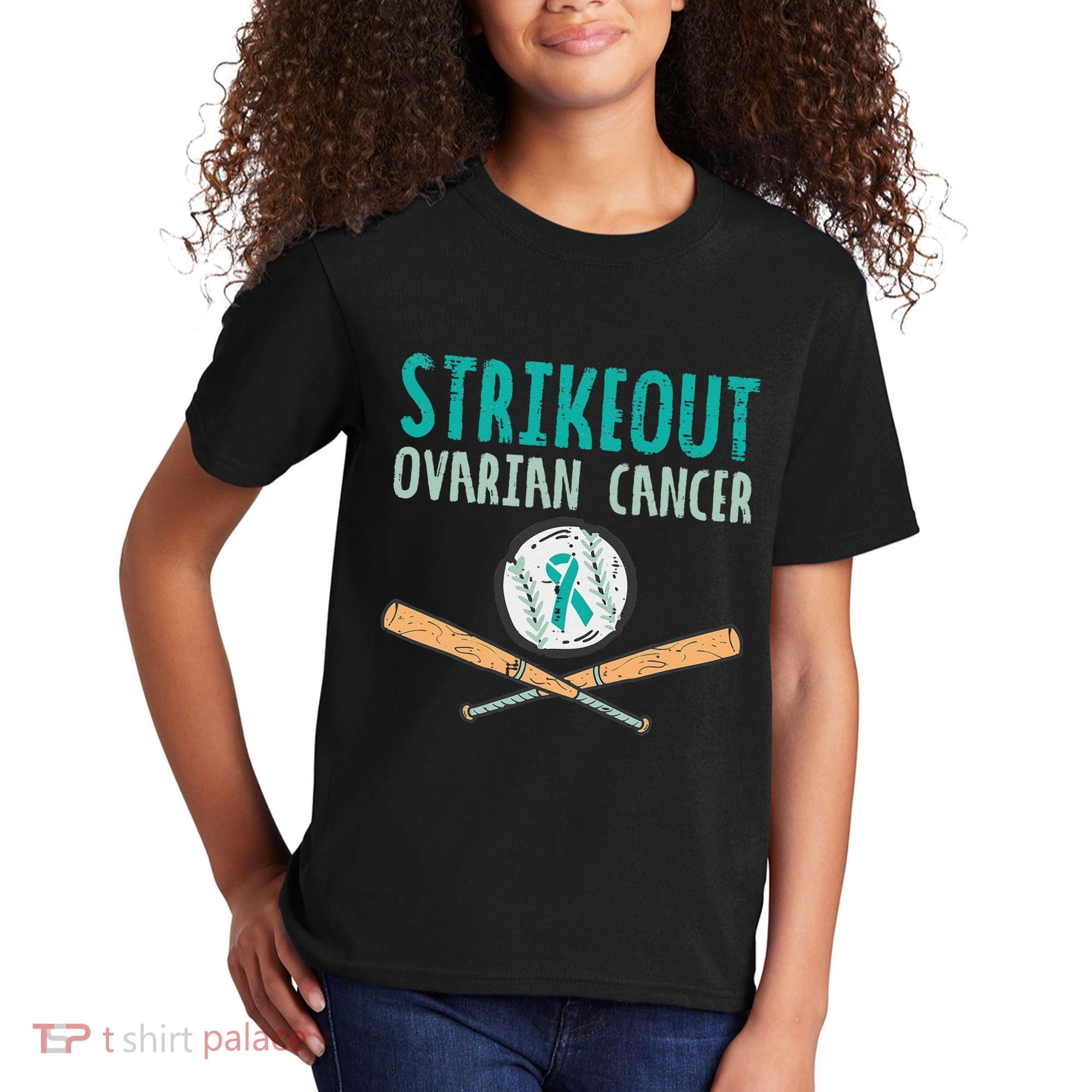 Baseball Strikeout Ovarian Cancer Teal Awareness Kids T-Shirt