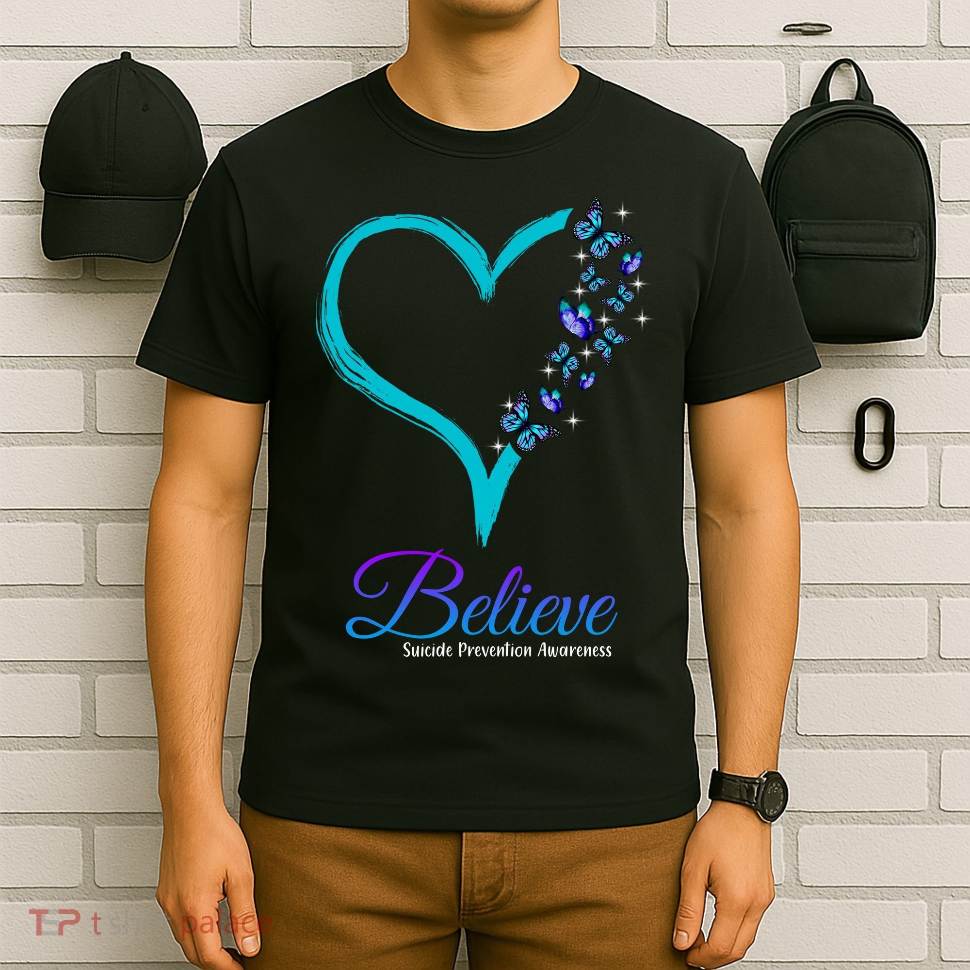 Believe Suicide Prevention Awareness Butterfly Heart T-Shirt