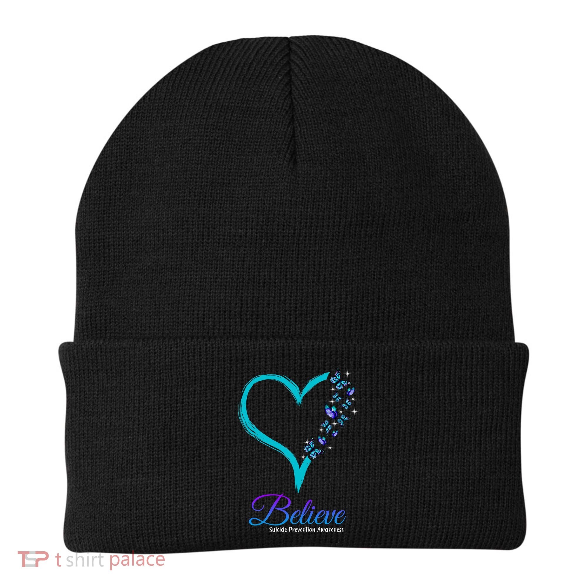 Believe Suicide Prevention Awareness Butterfly Heart Beanie