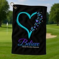 Believe Suicide Prevention Awareness Butterfly Heart Golf Towel thumb 1