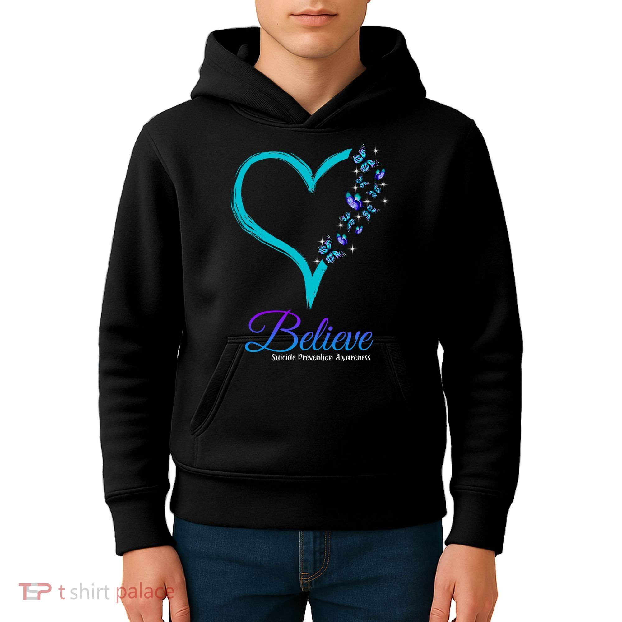 Believe Suicide Prevention Awareness Butterfly Heart Kids Hoodie