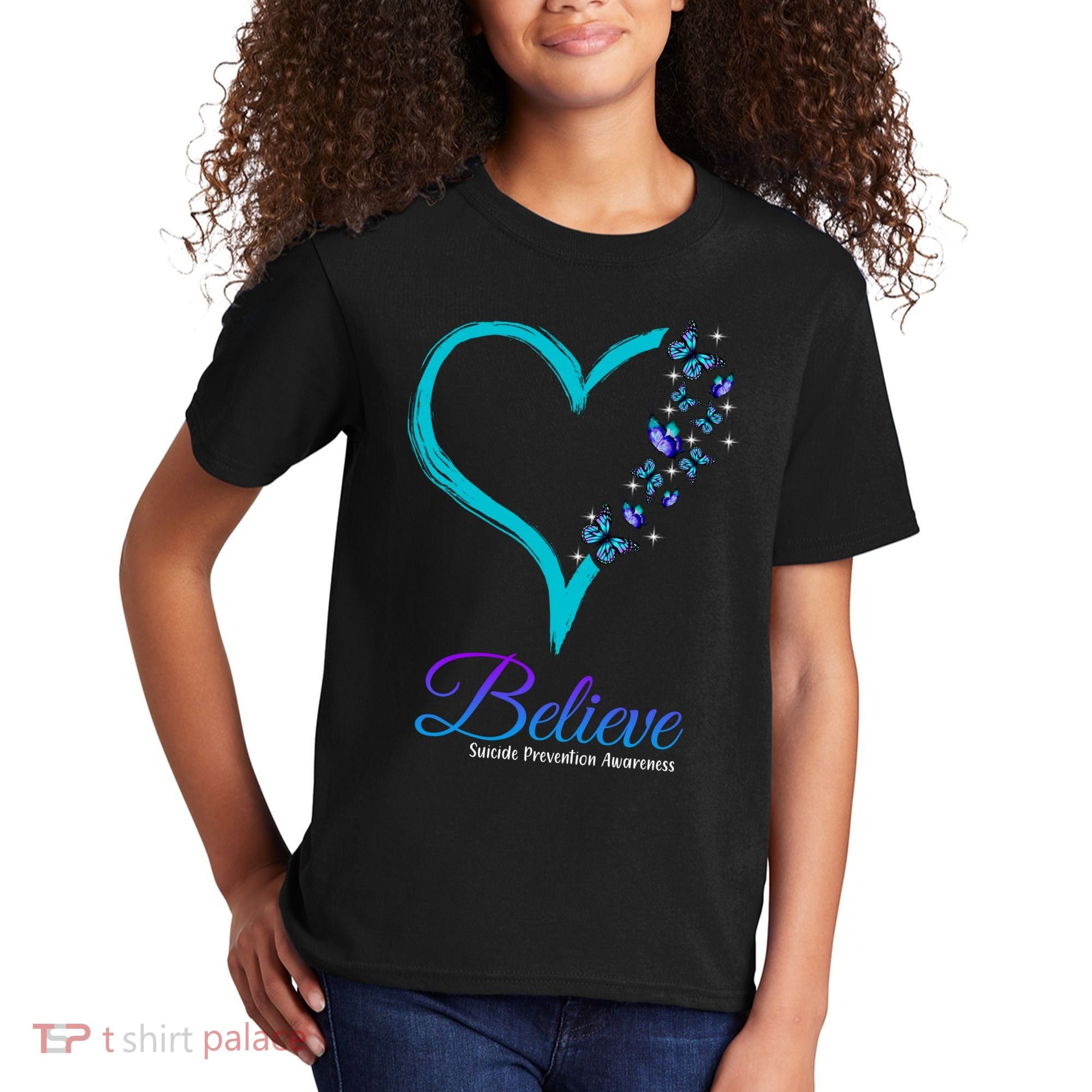 Believe Suicide Prevention Awareness Butterfly Heart Kids T-Shirt