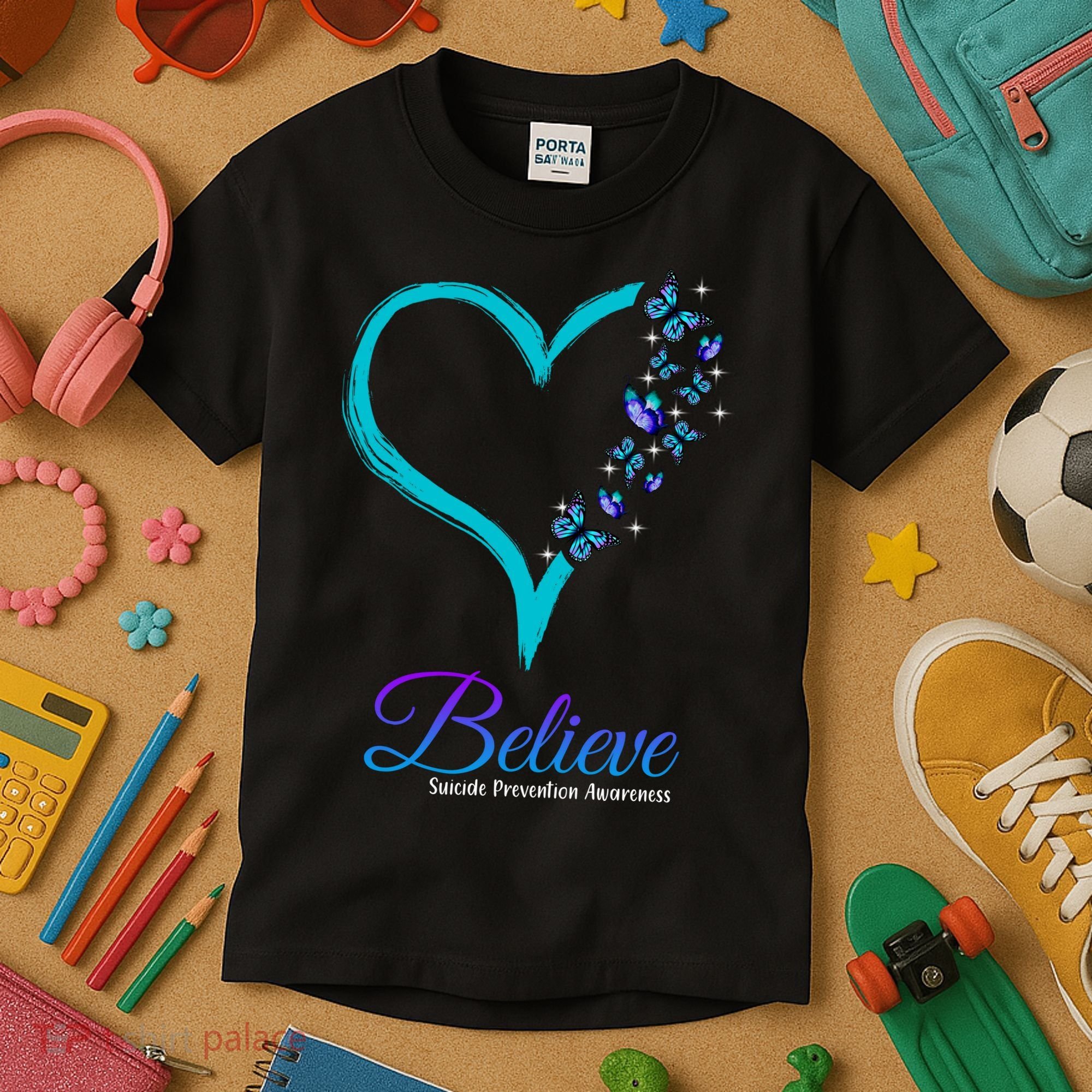 Believe Suicide Prevention Awareness Butterfly Heart Kids T-Shirt