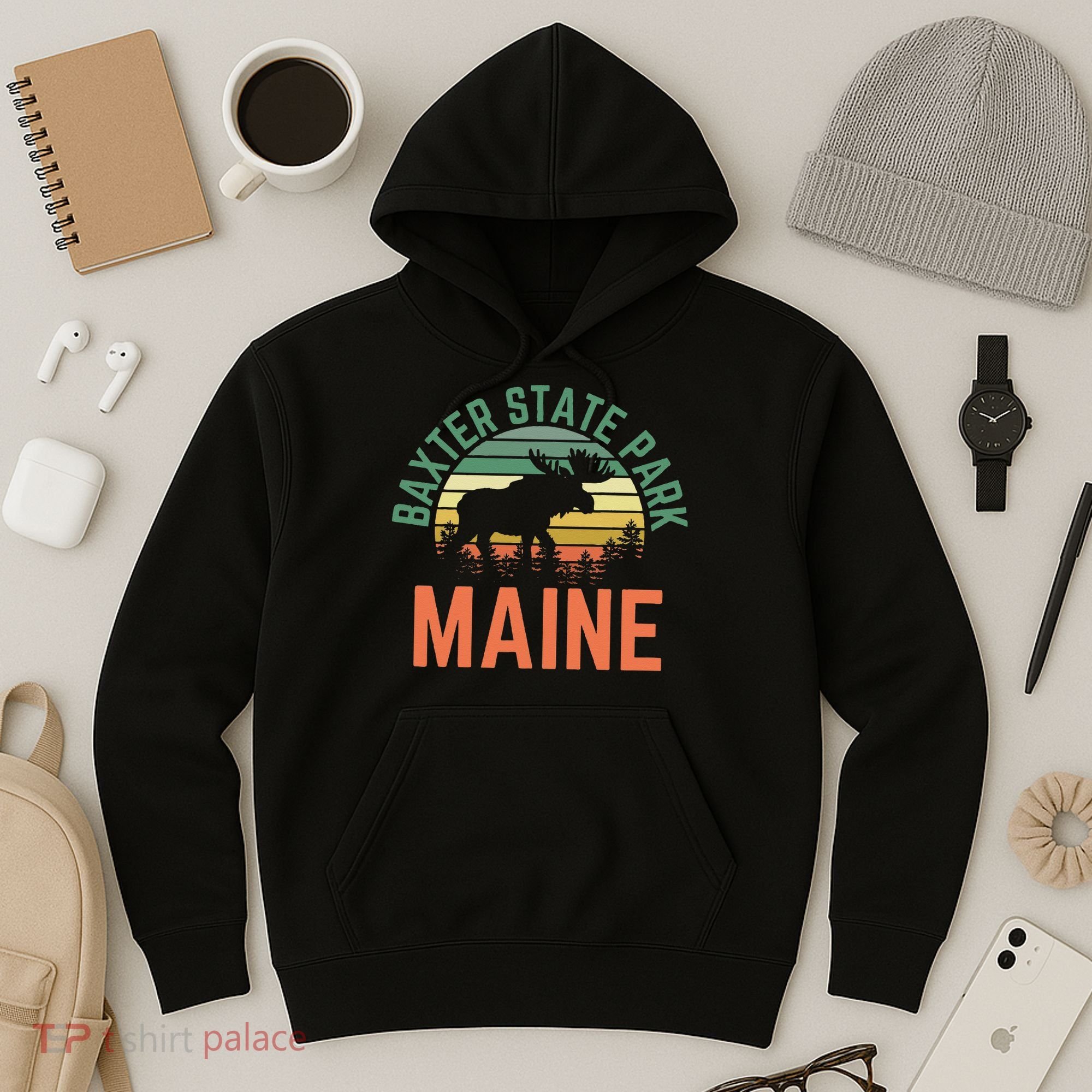 Baxter State Park Maine Moose Hiking Retro Sunset Hoodie