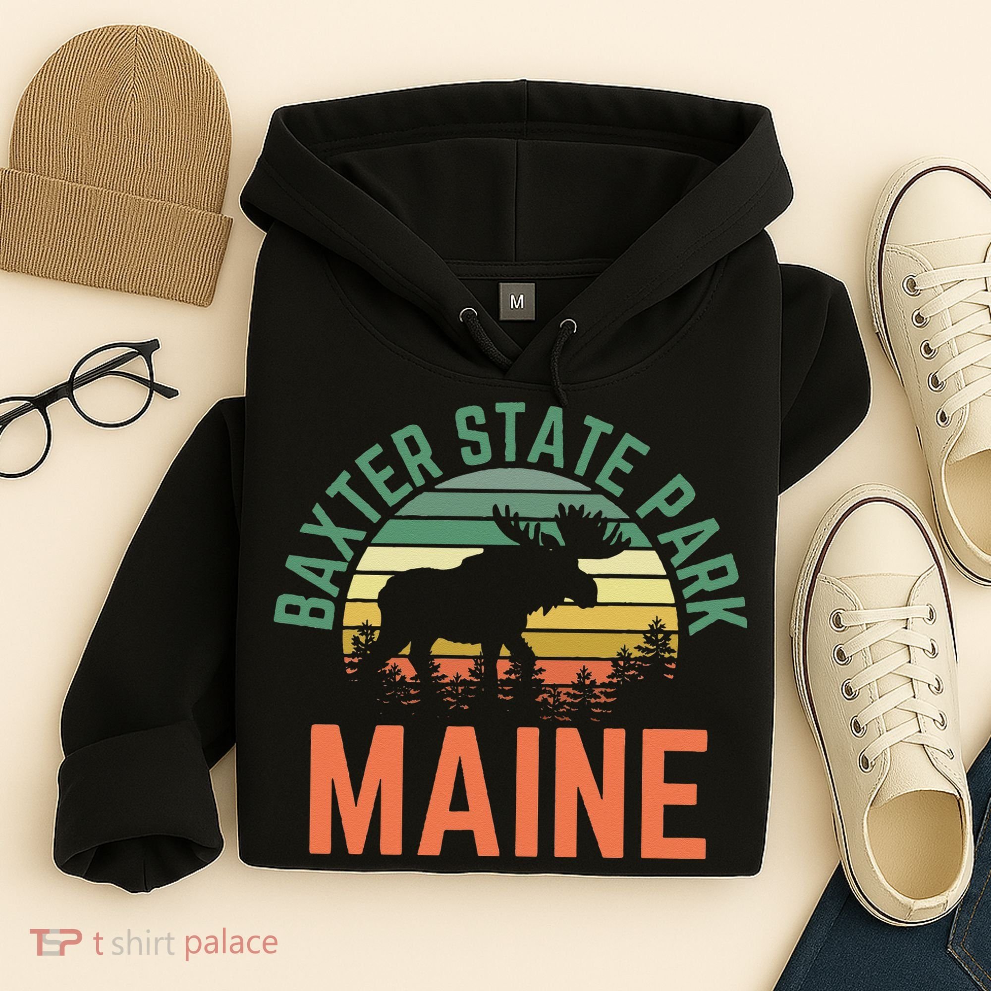 Baxter State Park Maine Moose Hiking Retro Sunset Hoodie