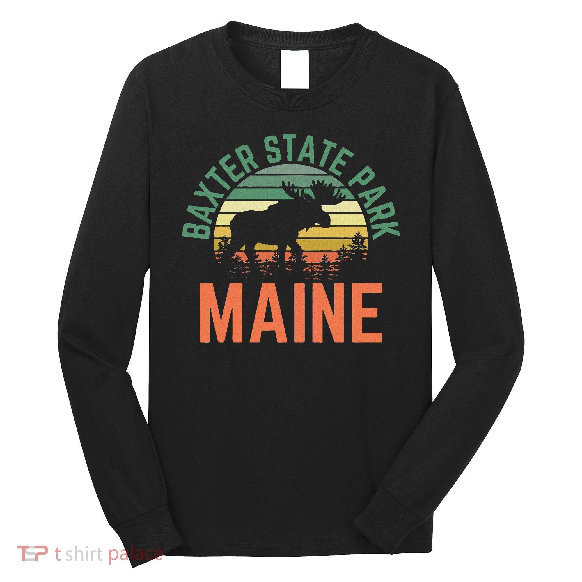 Baxter State Park Maine Moose Hiking Retro Sunset Long Sleeve Shirt
