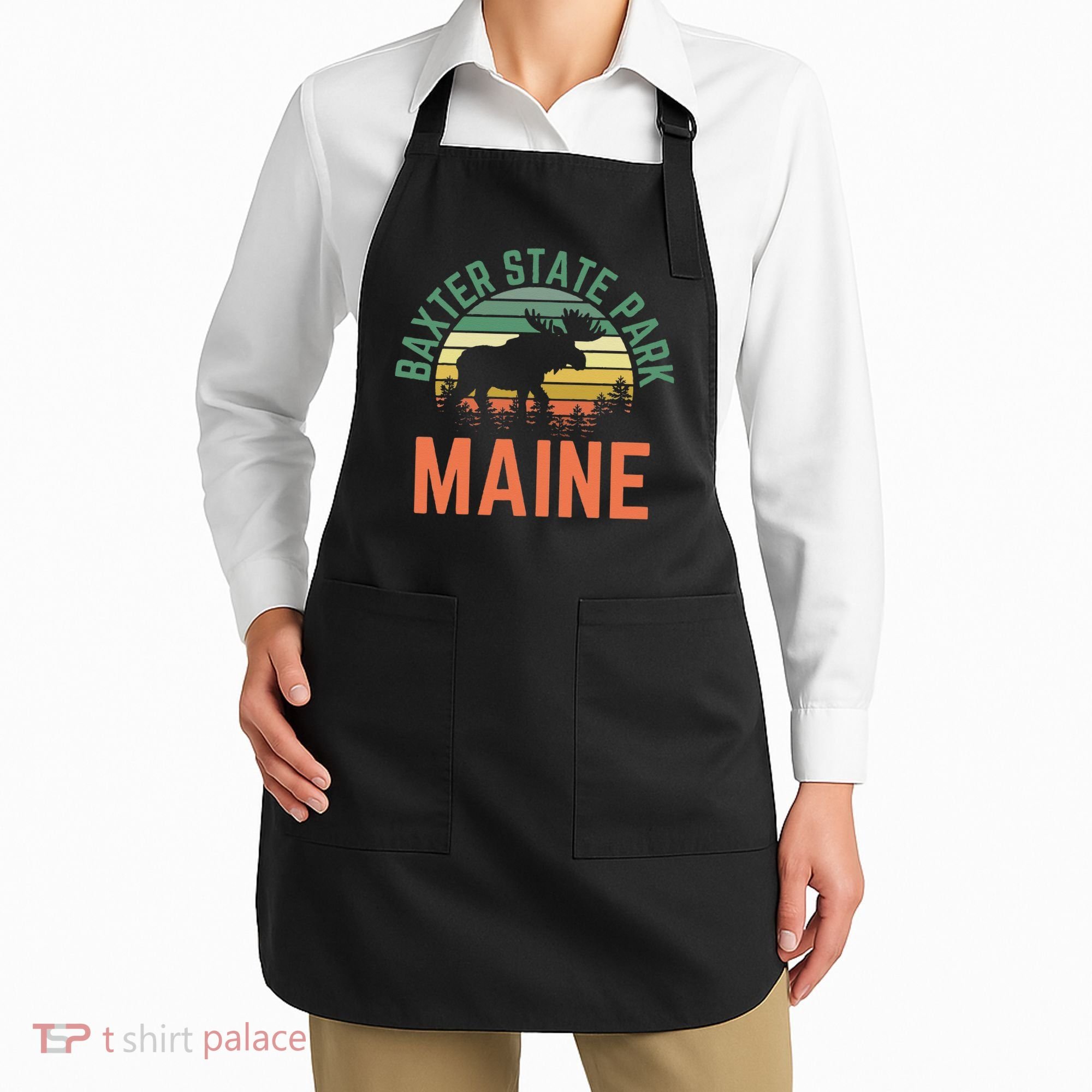 Baxter State Park Maine Moose Hiking Retro Sunset Apron