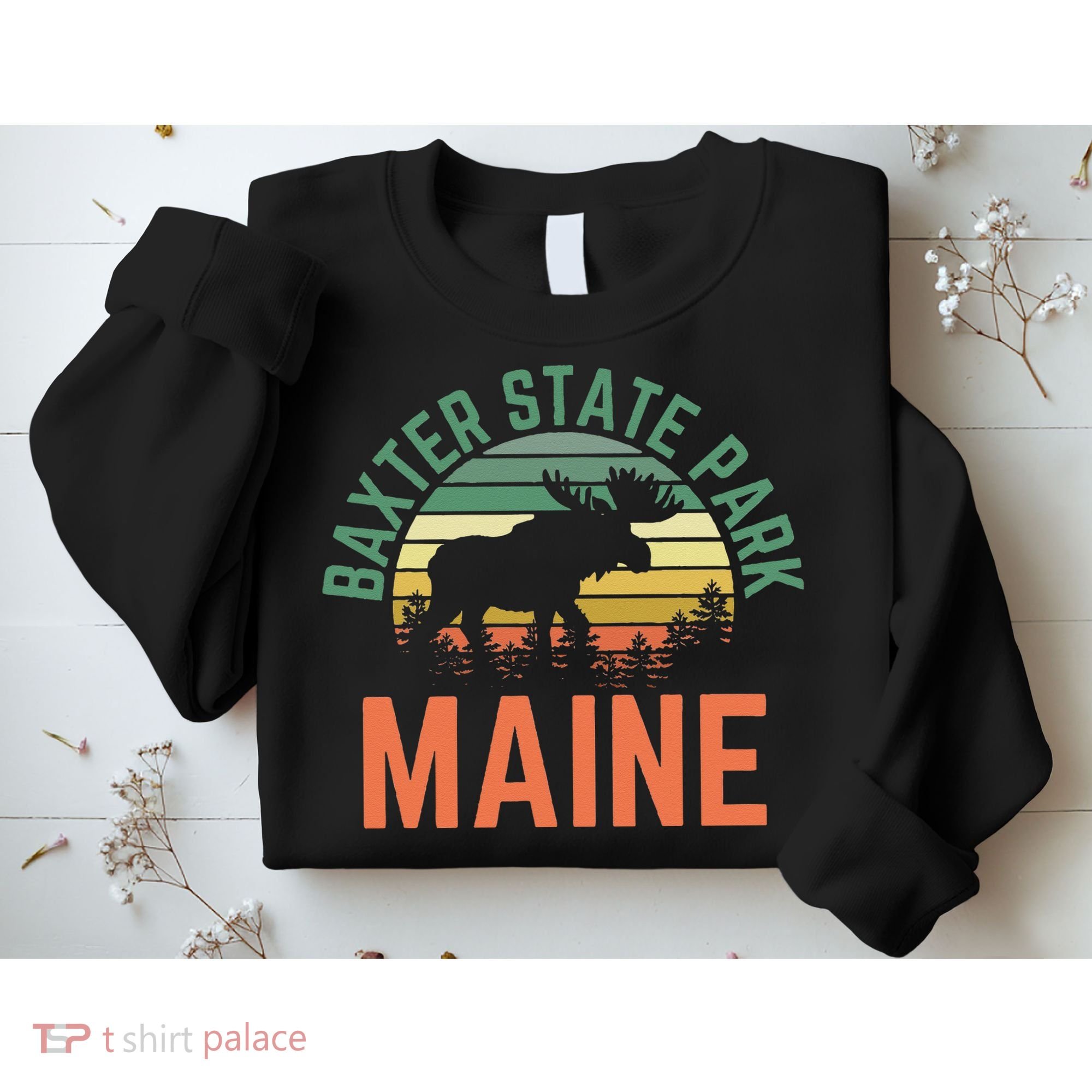 Baxter State Park Maine Moose Hiking Retro Sunset Sweatshirt