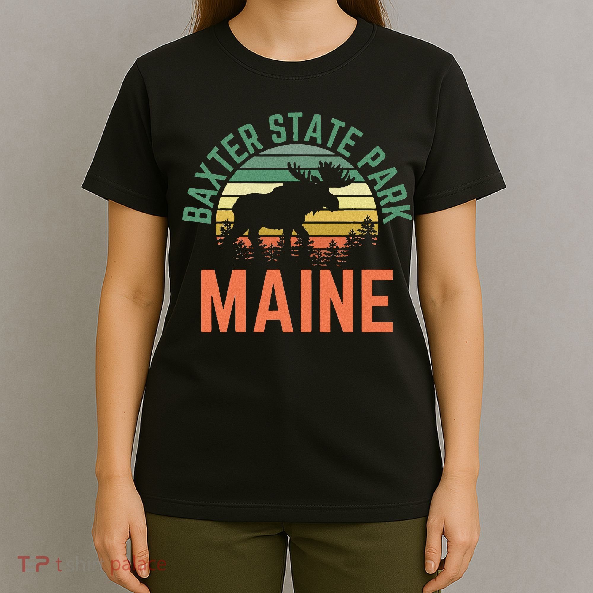 Baxter State Park Maine Moose Hiking Retro Sunset T-Shirt