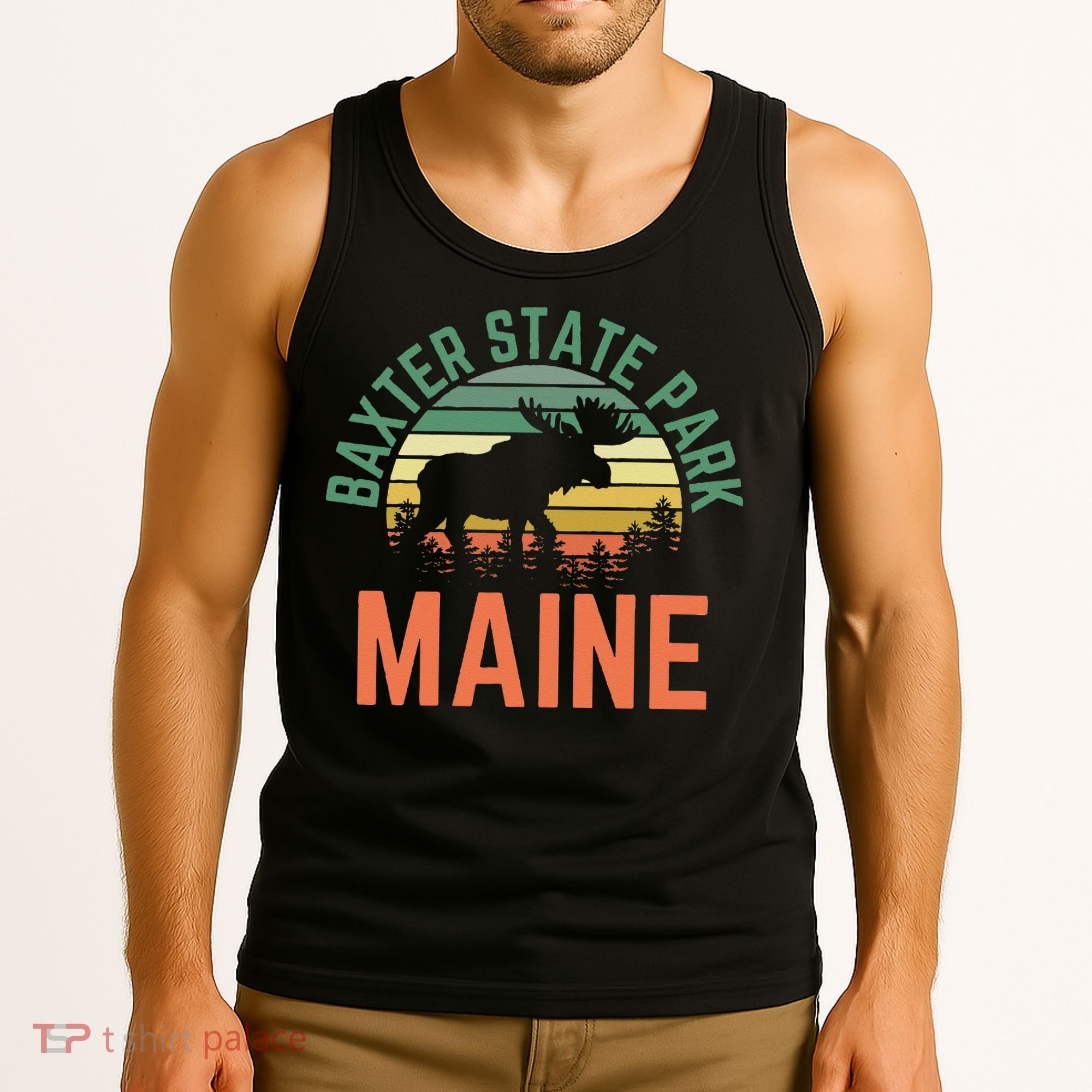 Baxter State Park Maine Moose Hiking Retro Sunset Tank Top