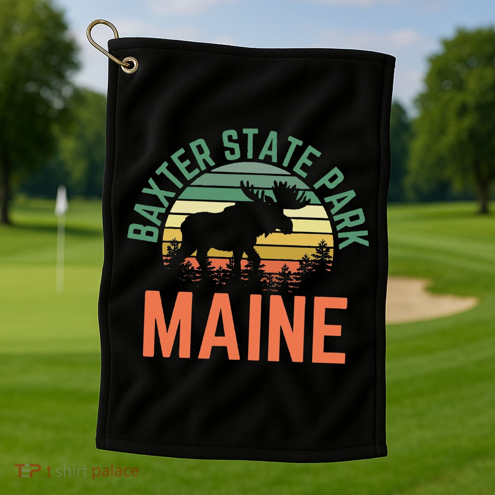 Baxter State Park Maine Moose Hiking Retro Sunset Golf Towel