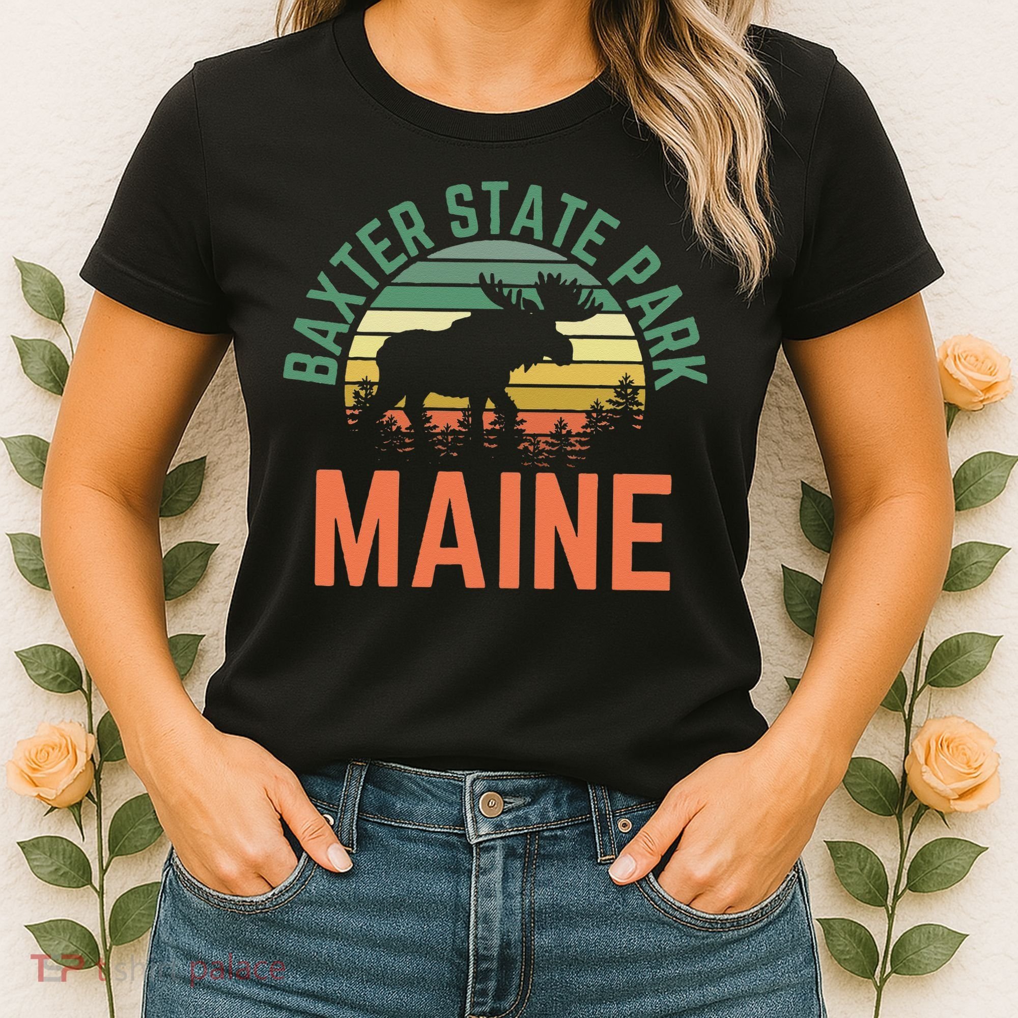 Baxter State Park Maine Moose Hiking Retro Sunset Women's T-Shirt
