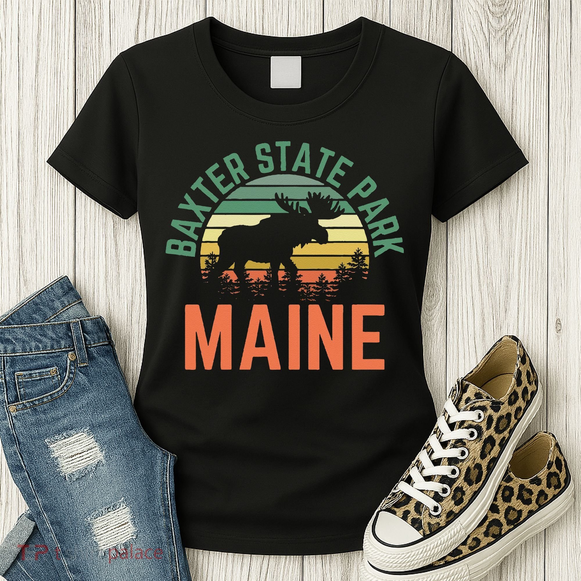 Baxter State Park Maine Moose Hiking Retro Sunset Women's T-Shirt