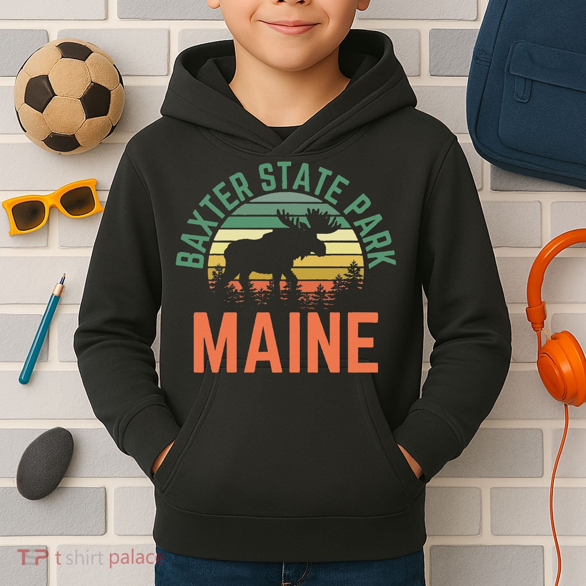 Baxter State Park Maine Moose Hiking Retro Sunset Kids Hoodie