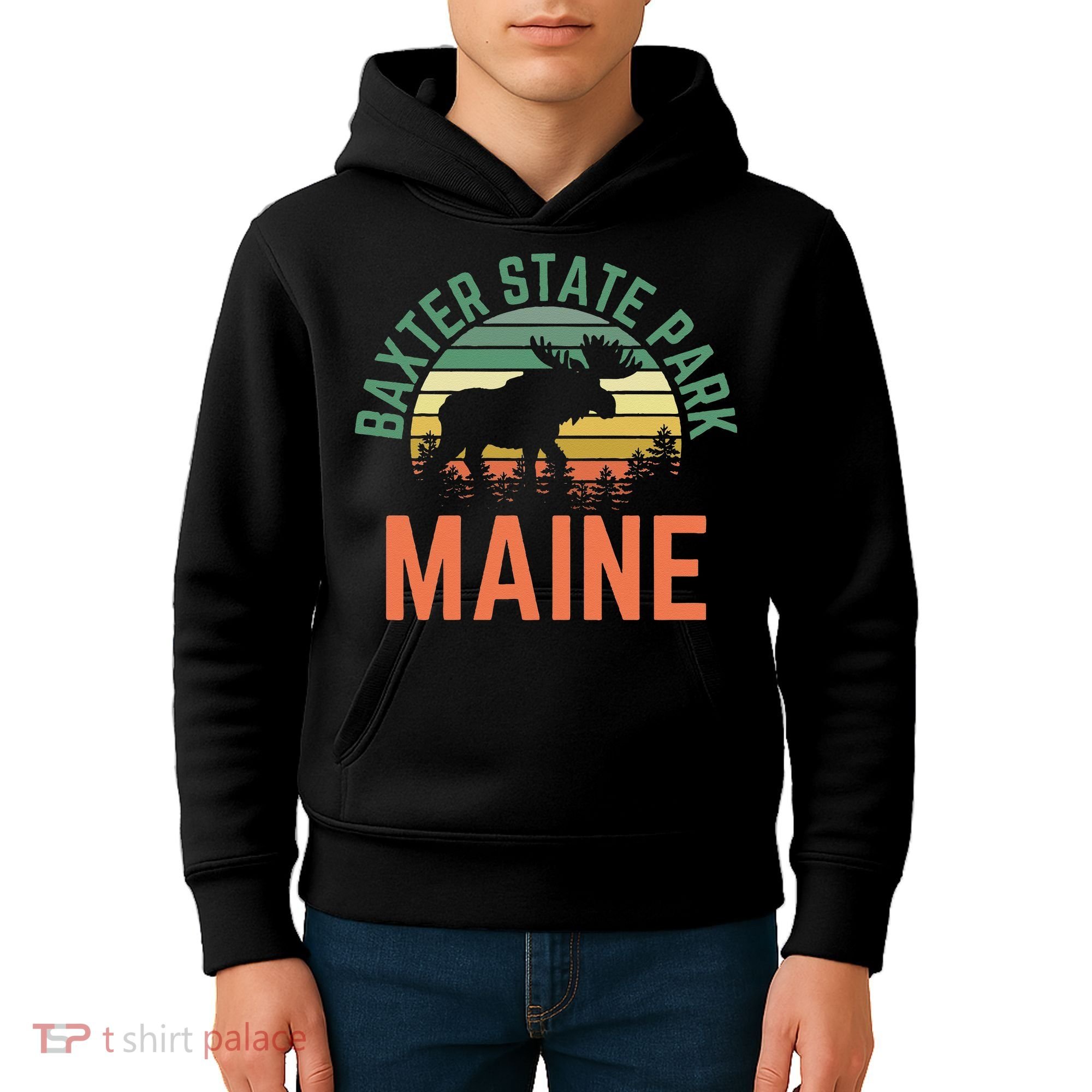 Baxter State Park Maine Moose Hiking Retro Sunset Kids Hoodie