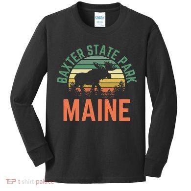 Baxter State Park Maine Moose Hiking Retro Sunset Kids Long Sleeve Shirt