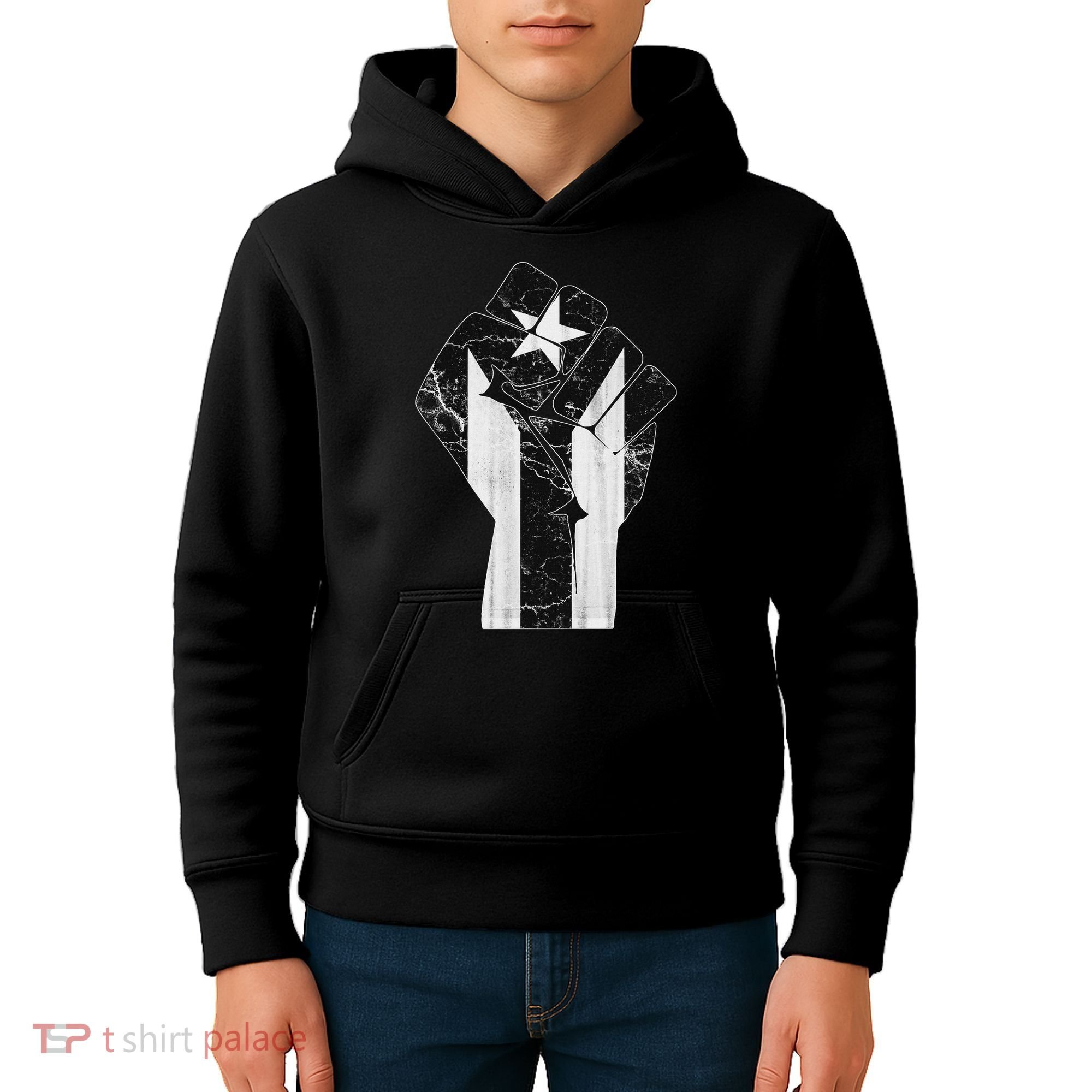 Boricua Strong Puerto Rico Black Flag Fist Kids Hoodie