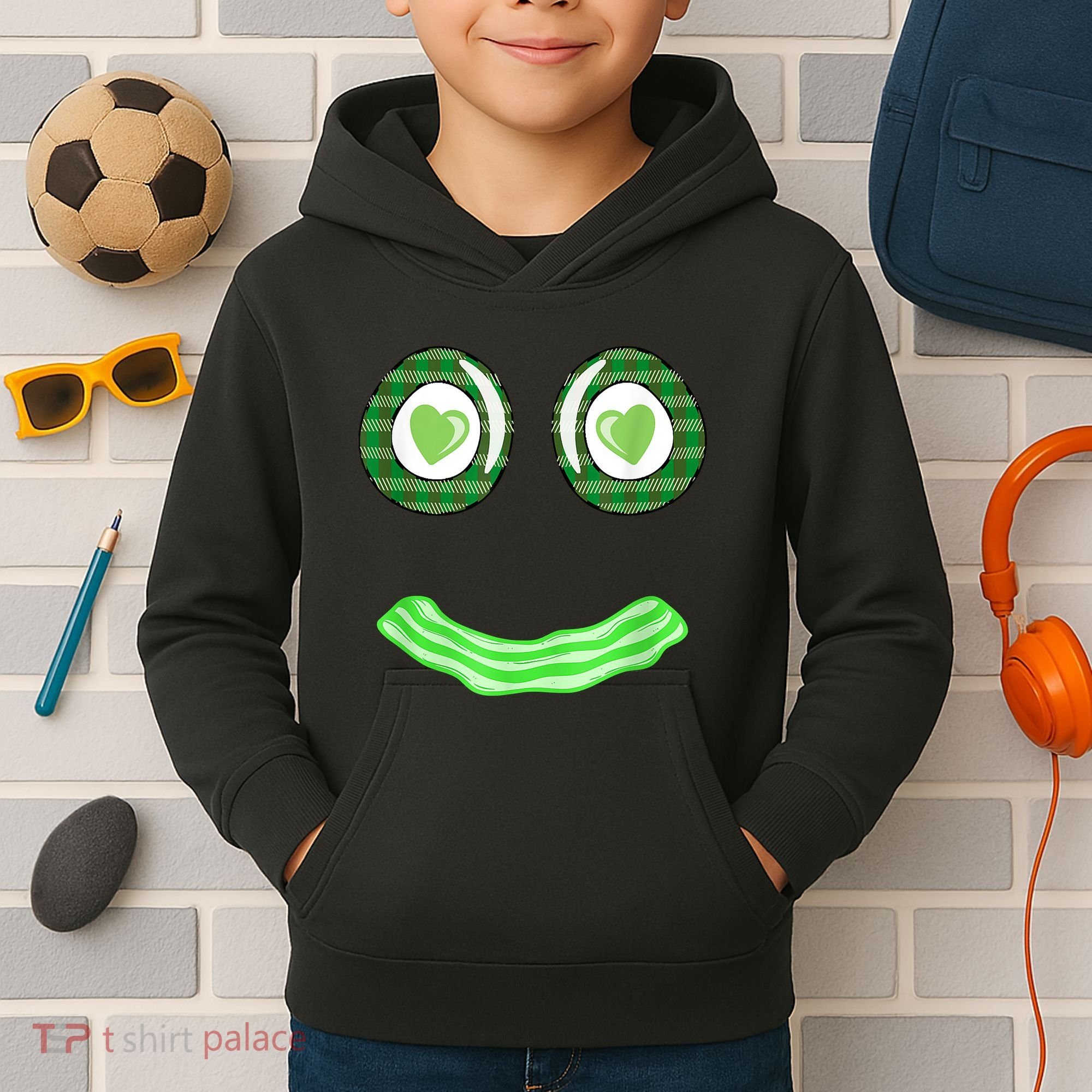 Breakfast St. Patricks Day Funny Green Eggs Smile Face Ham Kids Hoodie